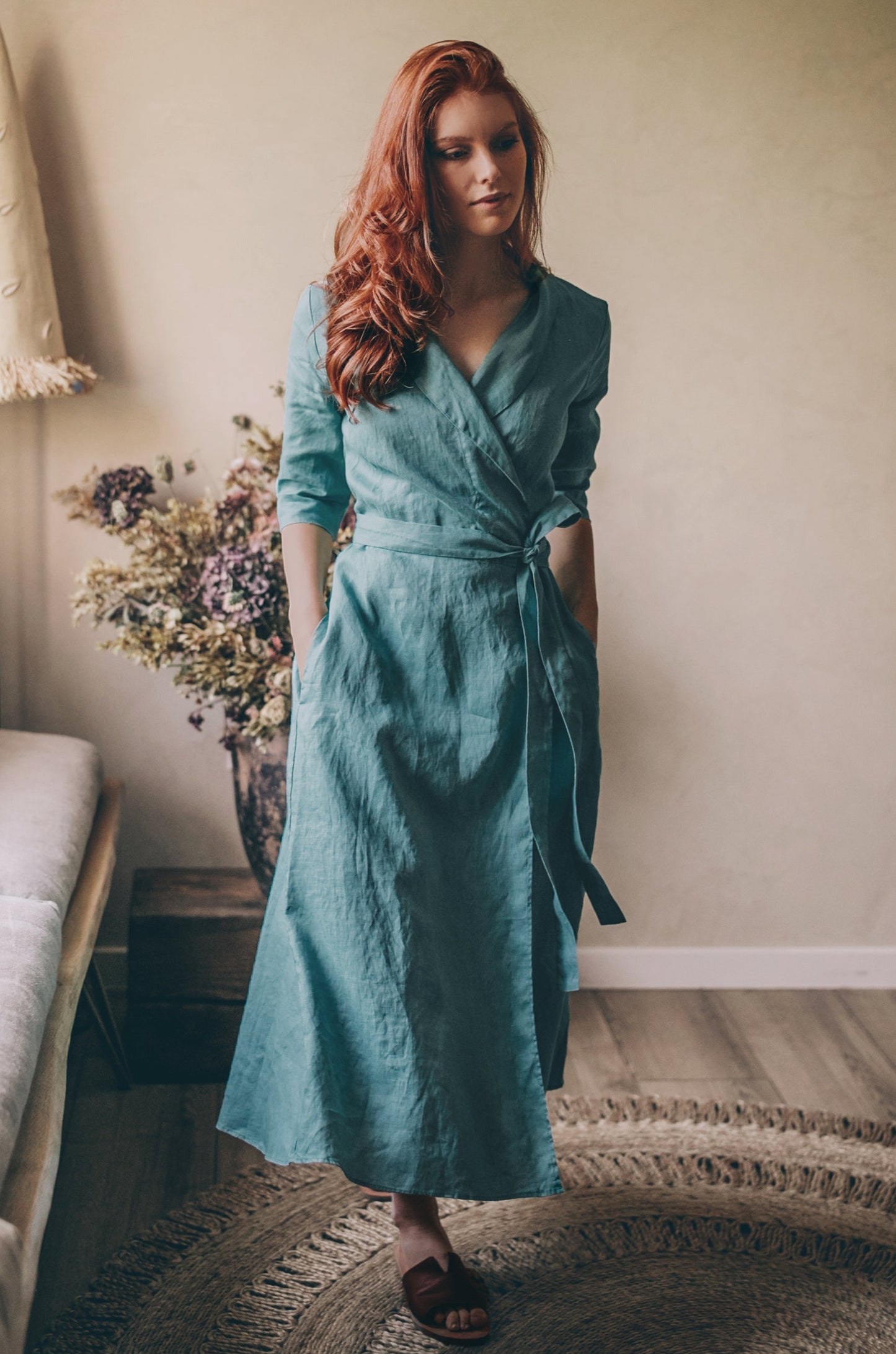 Midi Length Linen Dress with Tie Waist, VisibleArtShop