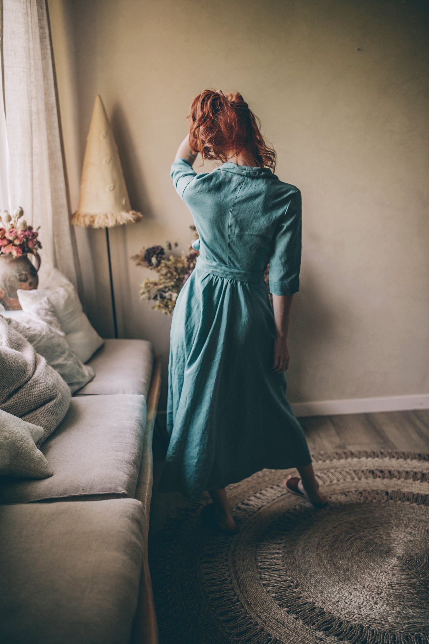 Midi Length Linen Dress with Tie Waist, VisibleArtShop