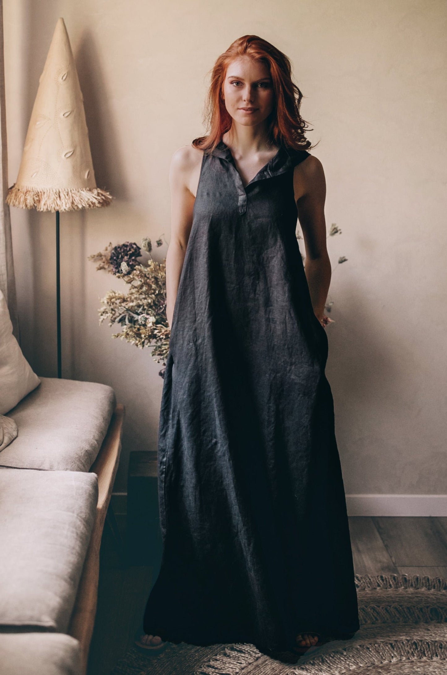 Hooded Linen Maxi Dress, VisibleArtShop