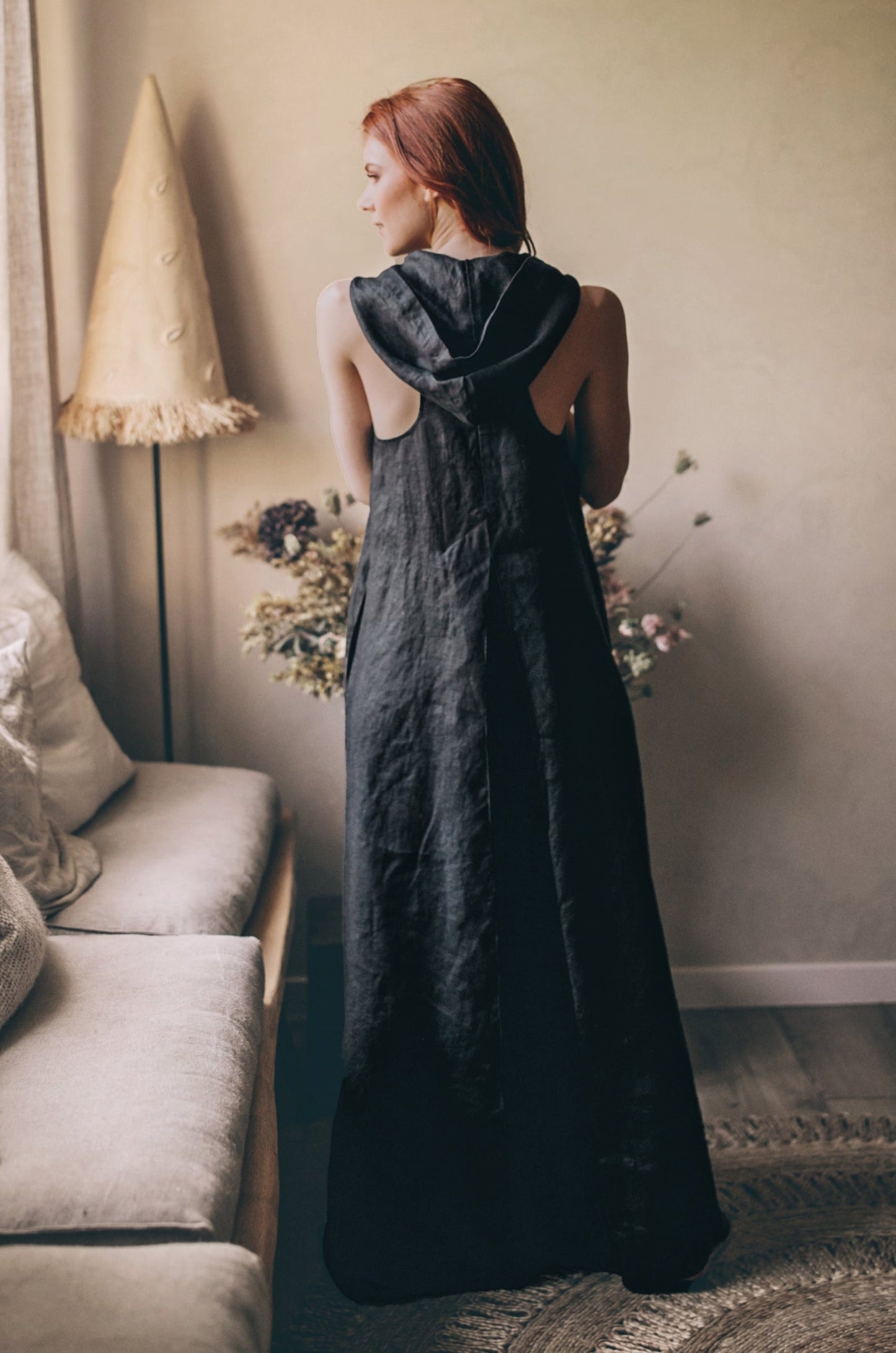 Hooded Linen Maxi Dress, VisibleArtShop