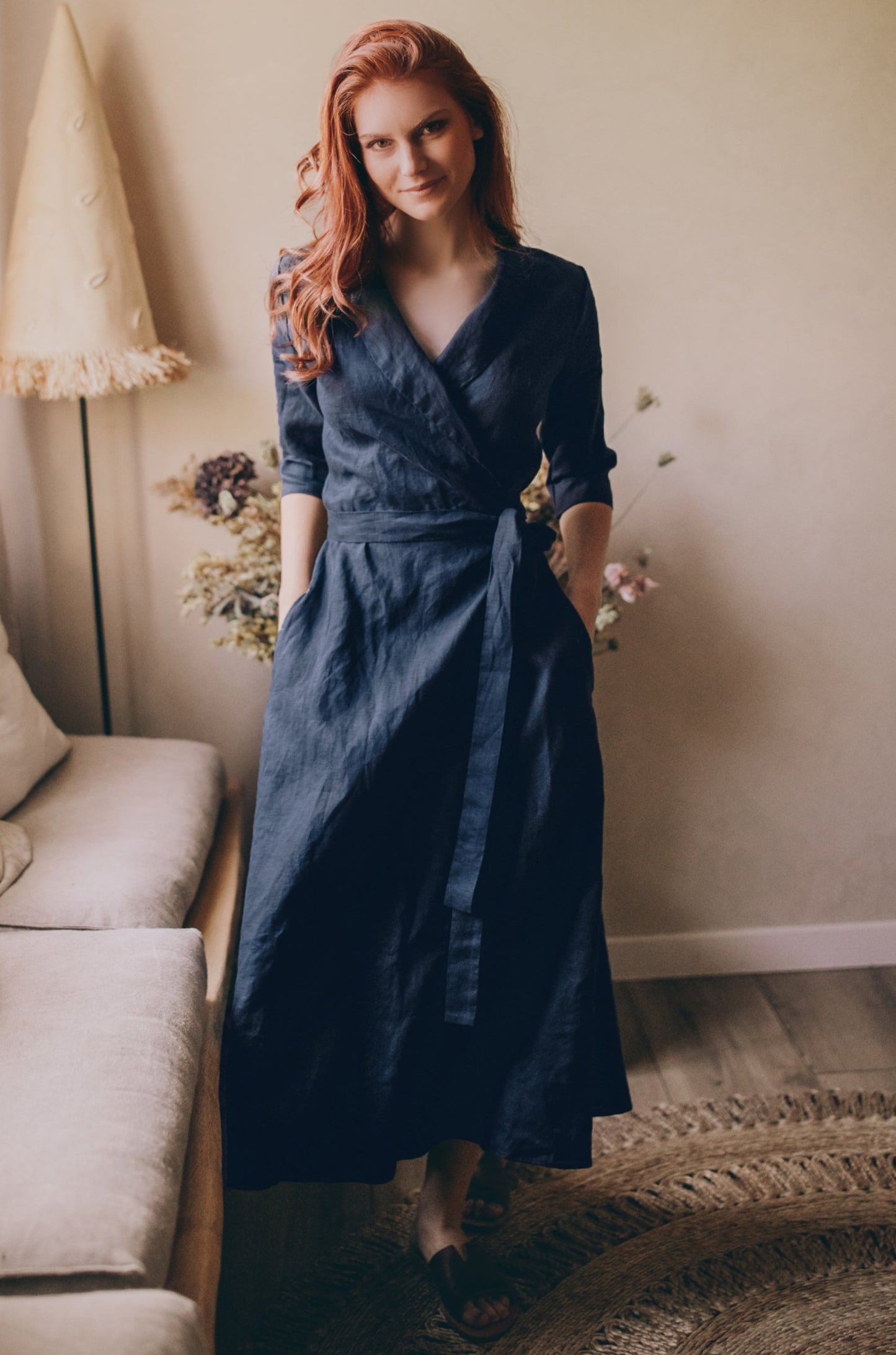 Midi Length Linen Dress with Tie Waist, VisibleArtShop