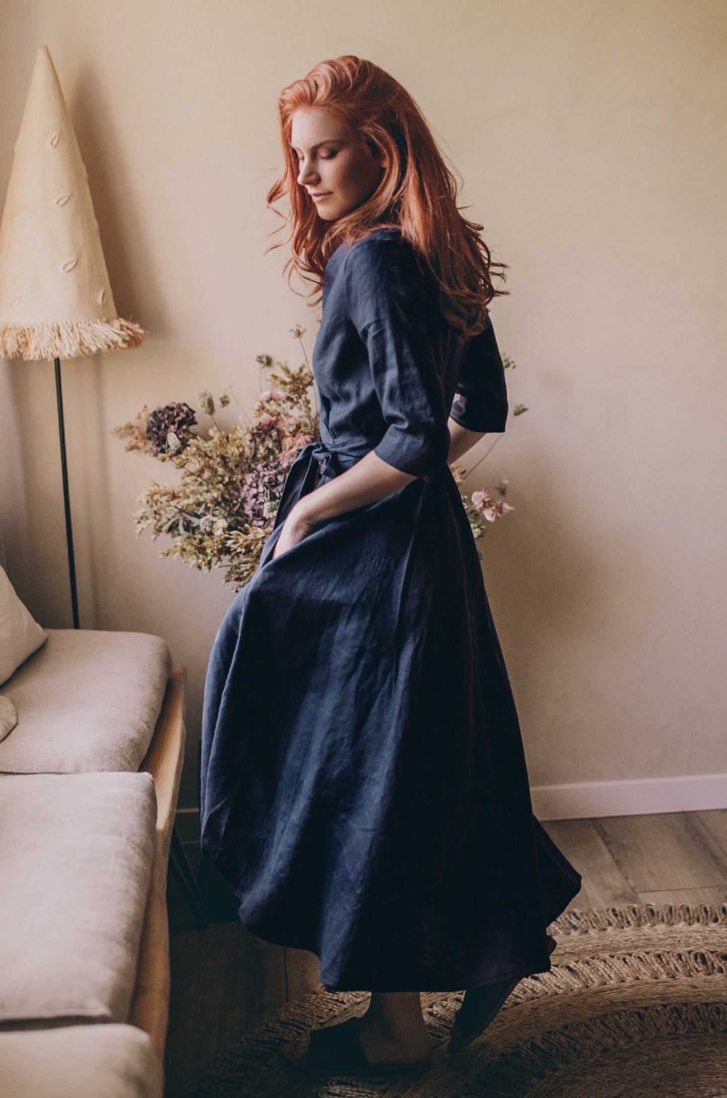 Midi Length Linen Dress with Tie Waist, VisibleArtShop