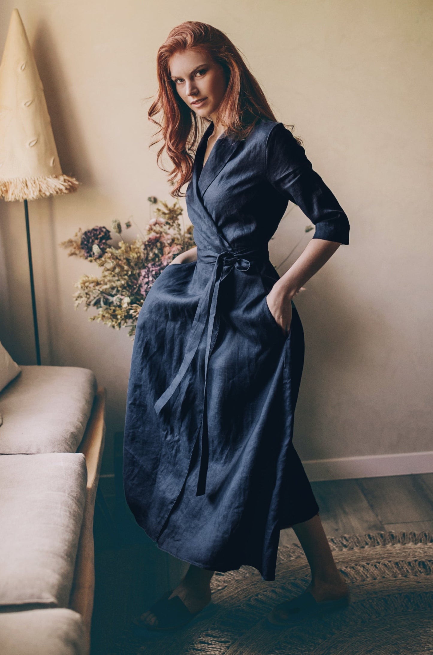 Midi Length Linen Dress with Tie Waist, VisibleArtShop