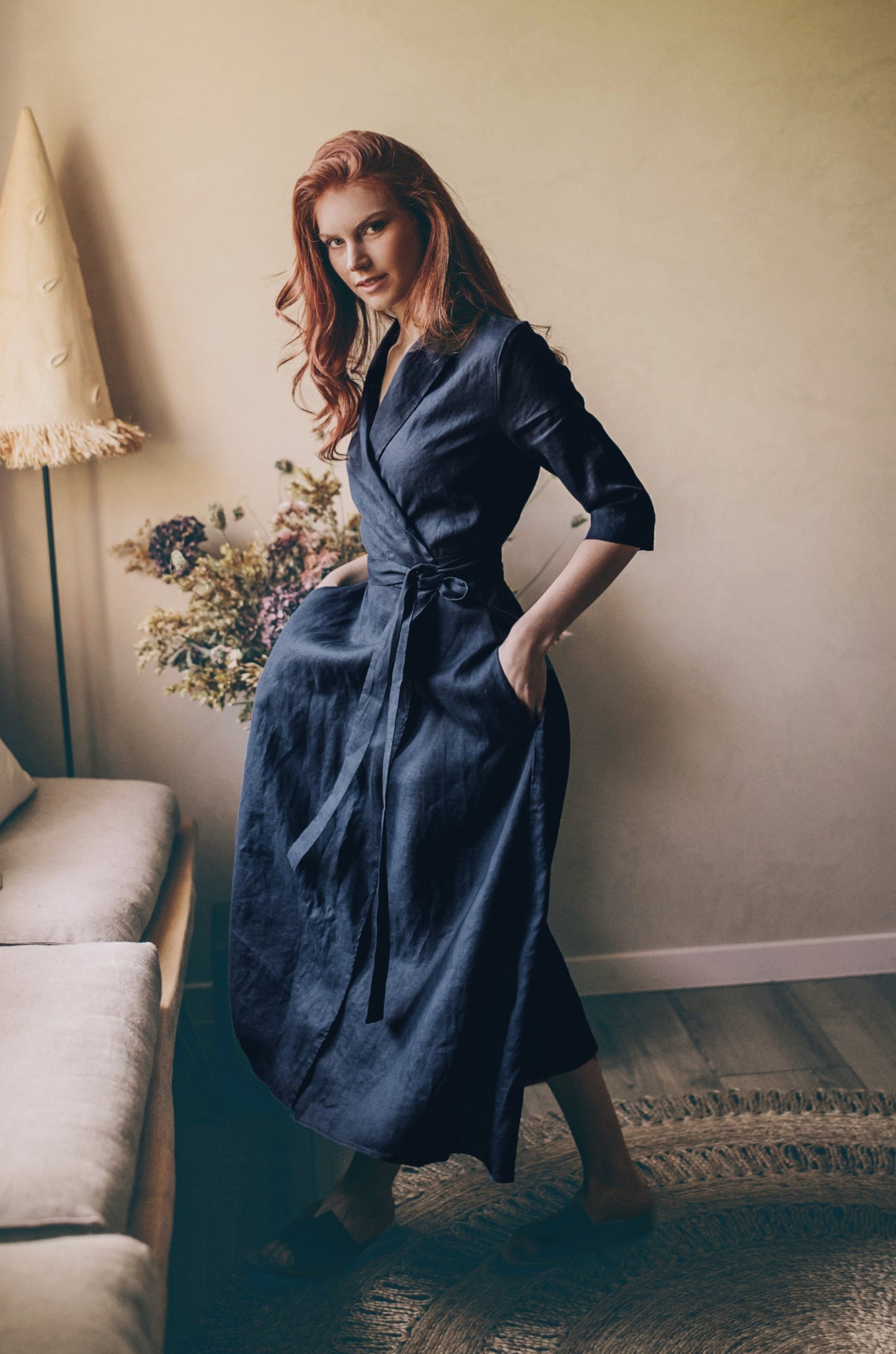 Midi Length Linen Dress with Tie Waist, VisibleArtShop
