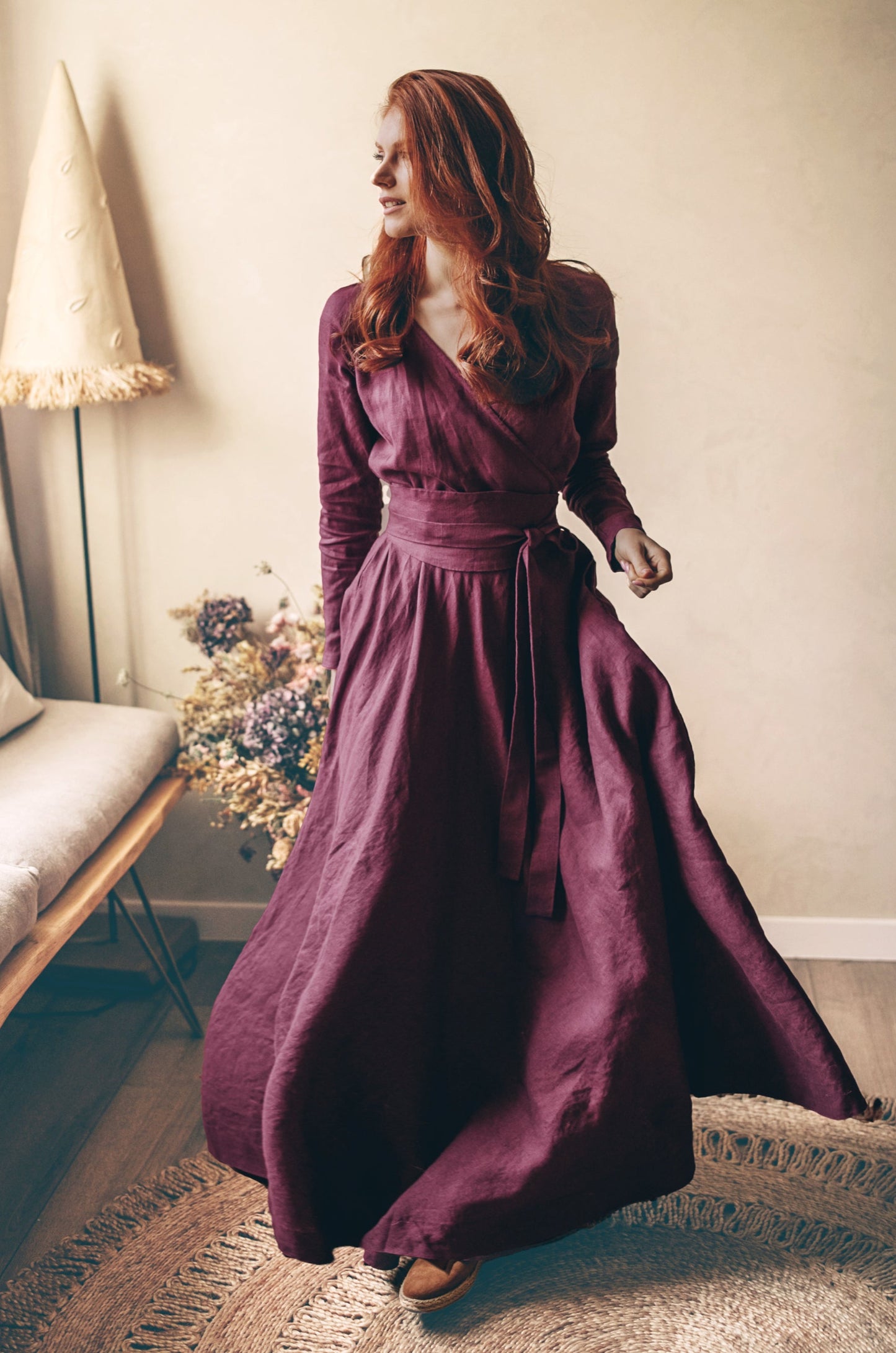 Heavy Linen Wrap Dress with Waist Belt, VisibleArtShop