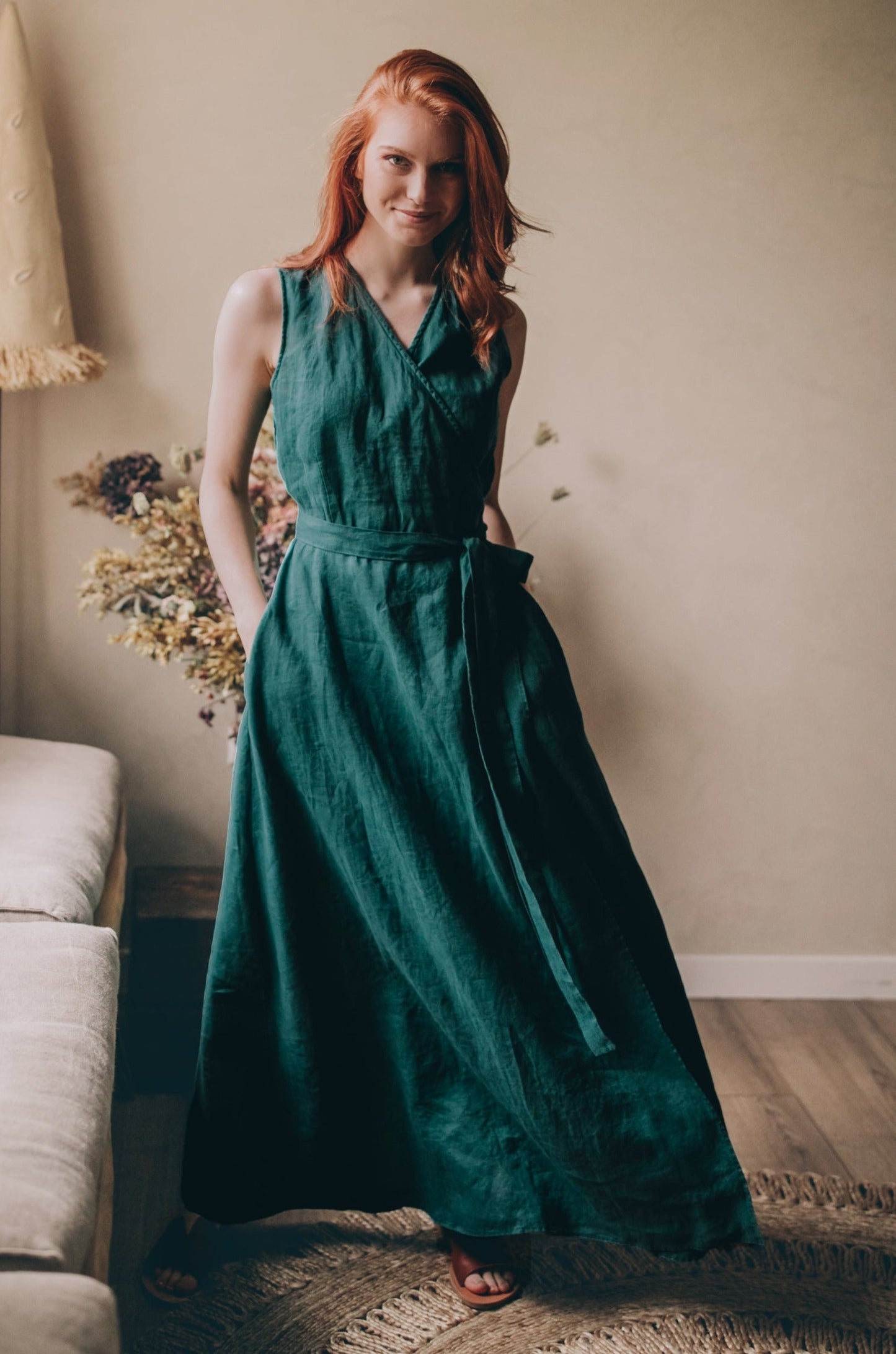 Sleeveless Linen Maxi Dress with Tie Waist, VisibleArtShop