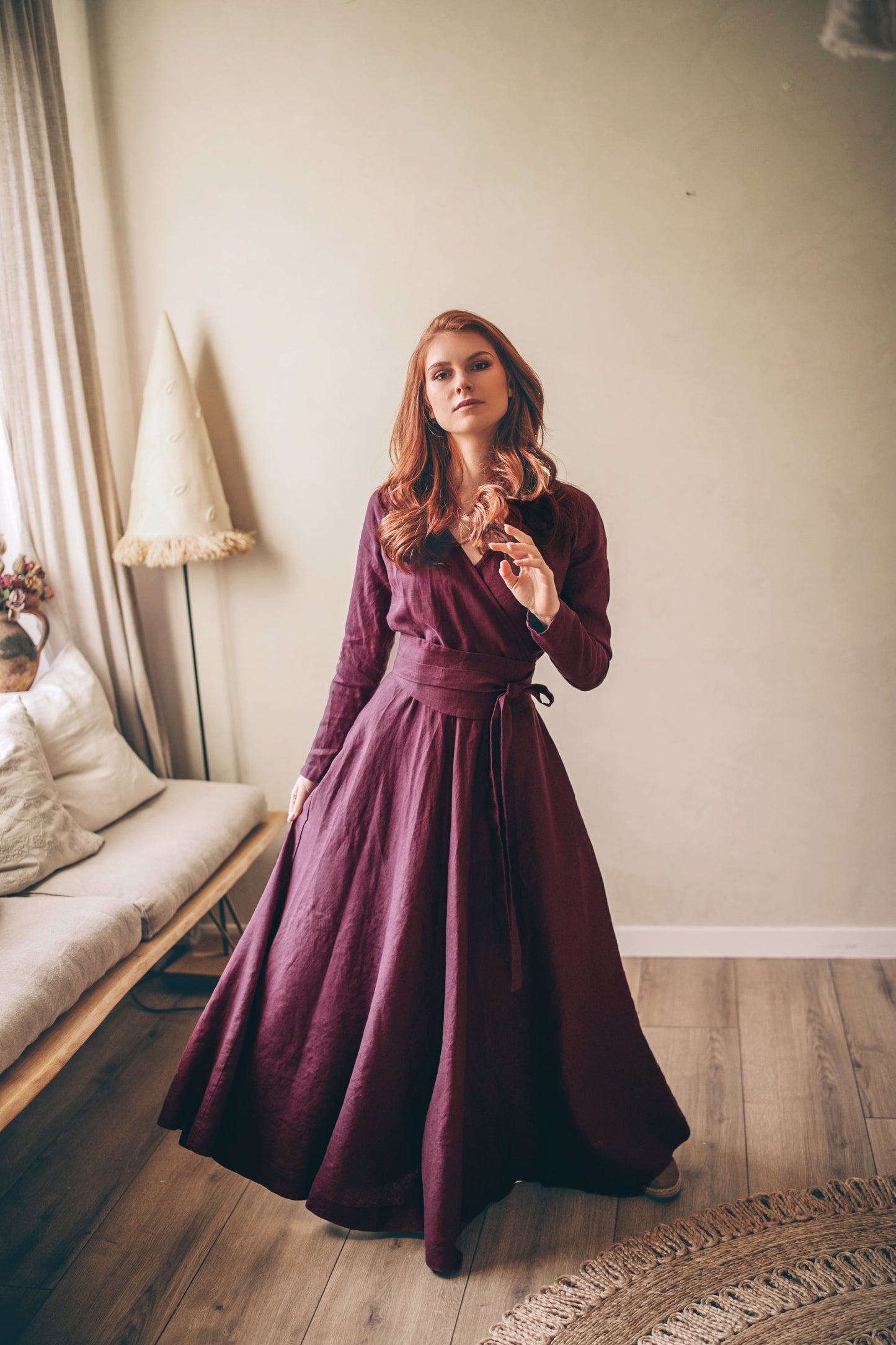 Heavy Linen Wrap Dress with Waist Belt, VisibleArtShop