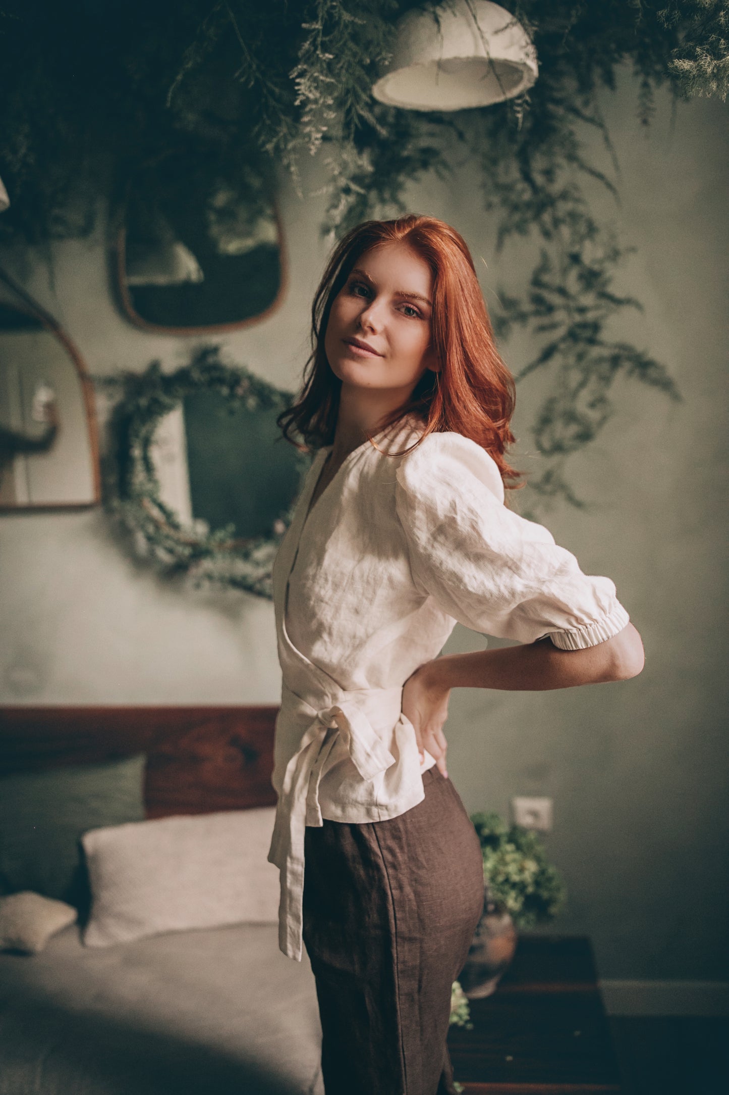 Puff Sleeve Linen Wrap Top, VisibleArtShop