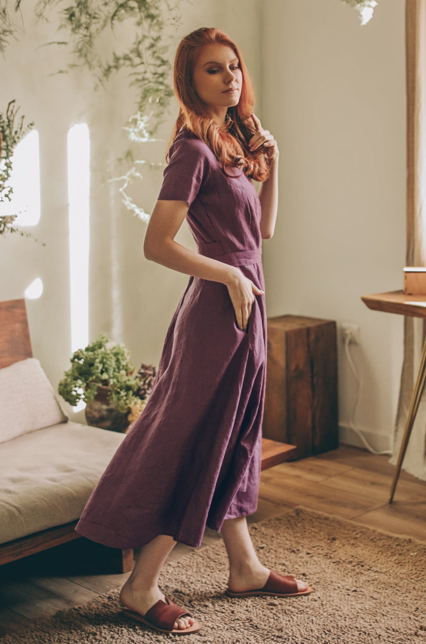 Summer Linen Dress - Amethyst Linen Dress - Linen Wrap Dress for Women - Purple Midi Dress - Bohemian Linen Clothing Women, M / Night Blue Summer Linen Dress - Amethyst Linen Dress - Linen Wrap Dress for Women - Purple Midi Dress - Bohemian Linen Clothing Women, M / Night Blue