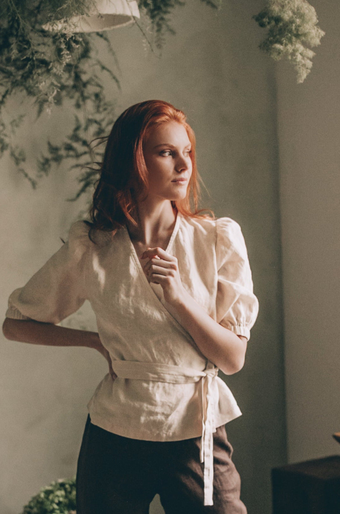 Puff Sleeve Linen Wrap Top, VisibleArtShop