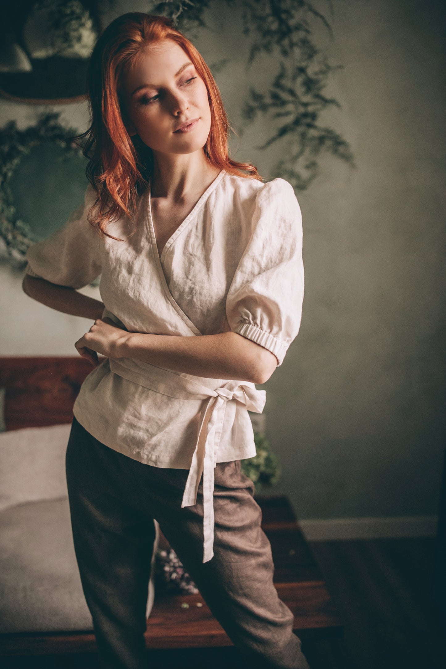 Puff Sleeve Linen Wrap Top, VisibleArtShop