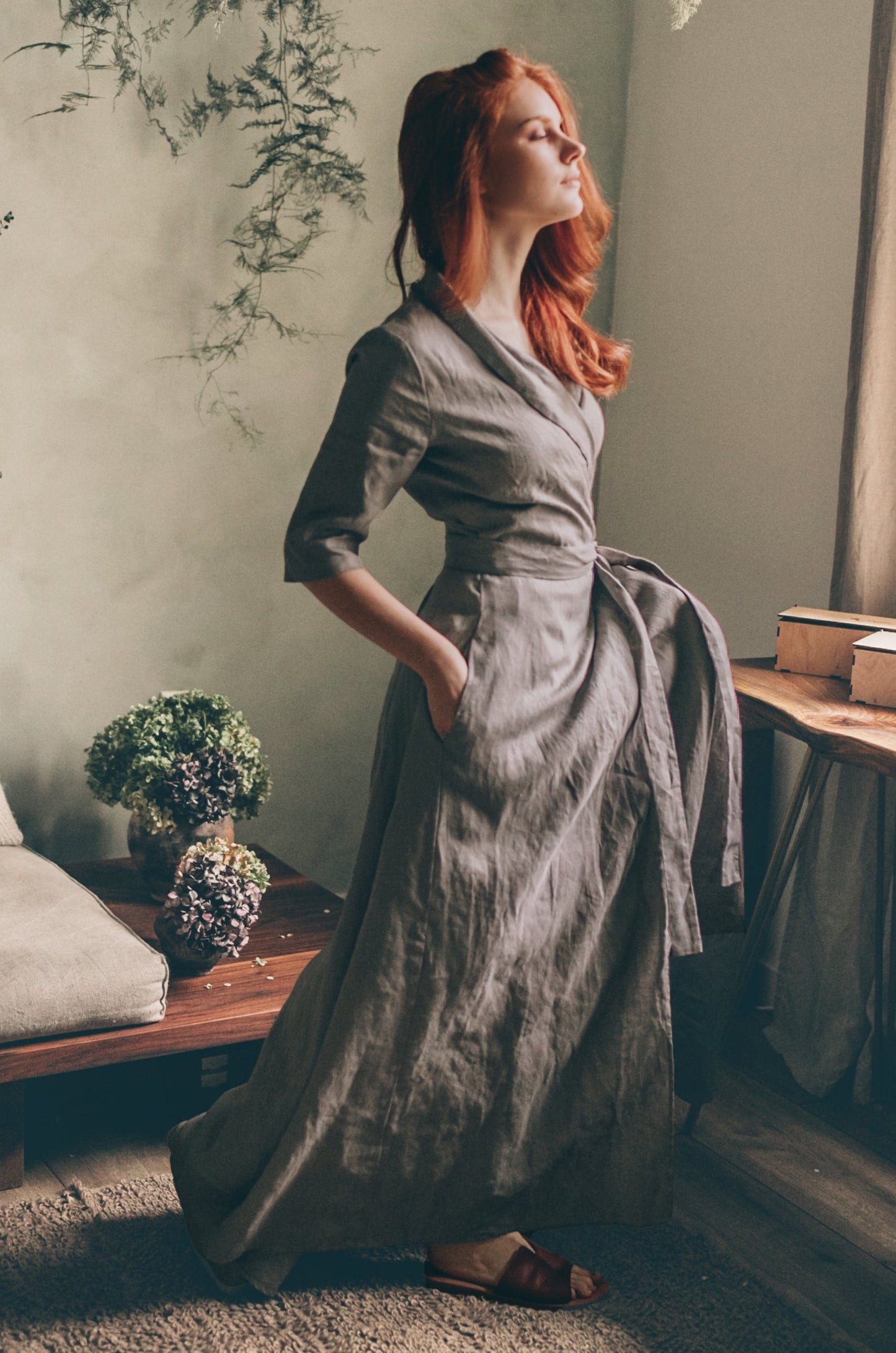 Linen A-Line Dress with Tie Waist, VisibleArtShop