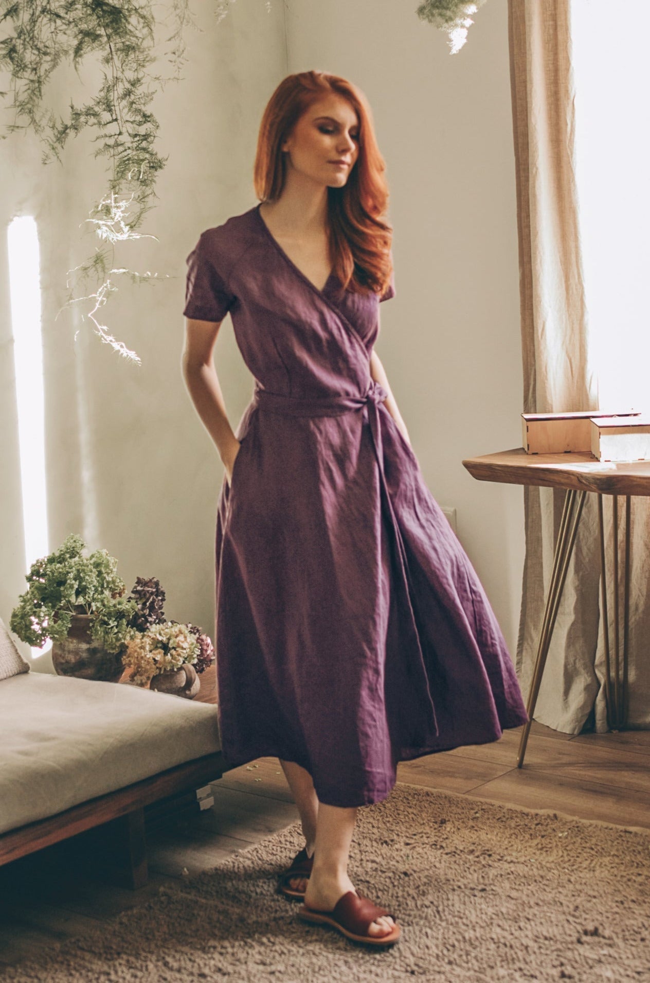 Summer Linen Dress - Amethyst Linen Dress - Linen Wrap Dress for Women - Purple Midi Dress - Bohemian Linen Clothing Women, M / Night Blue Summer Linen Dress - Amethyst Linen Dress - Linen Wrap Dress for Women - Purple Midi Dress - Bohemian Linen Clothing Women, M / Night Blue