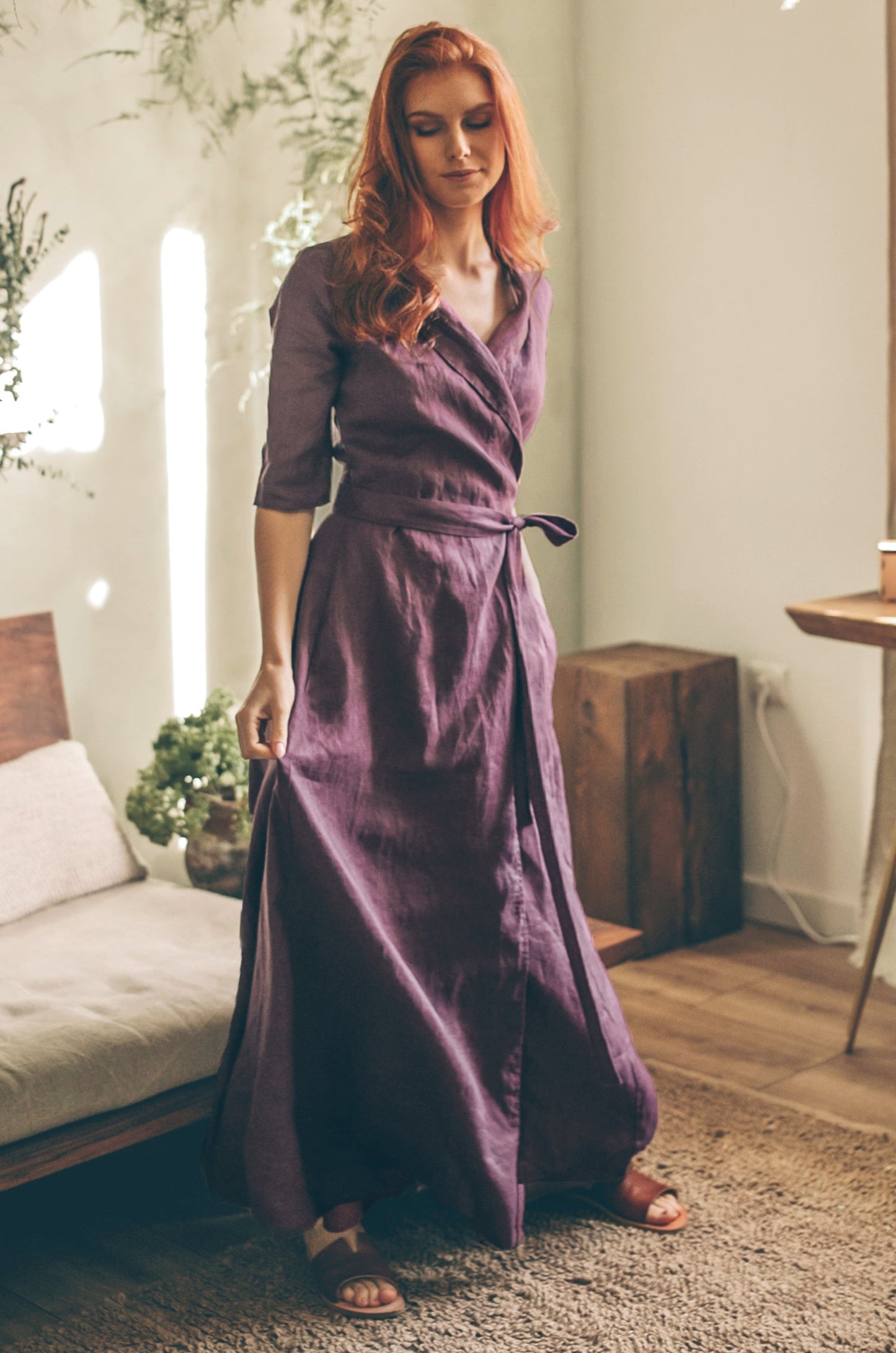 Linen A-Line Dress with Tie Waist, VisibleArtShop