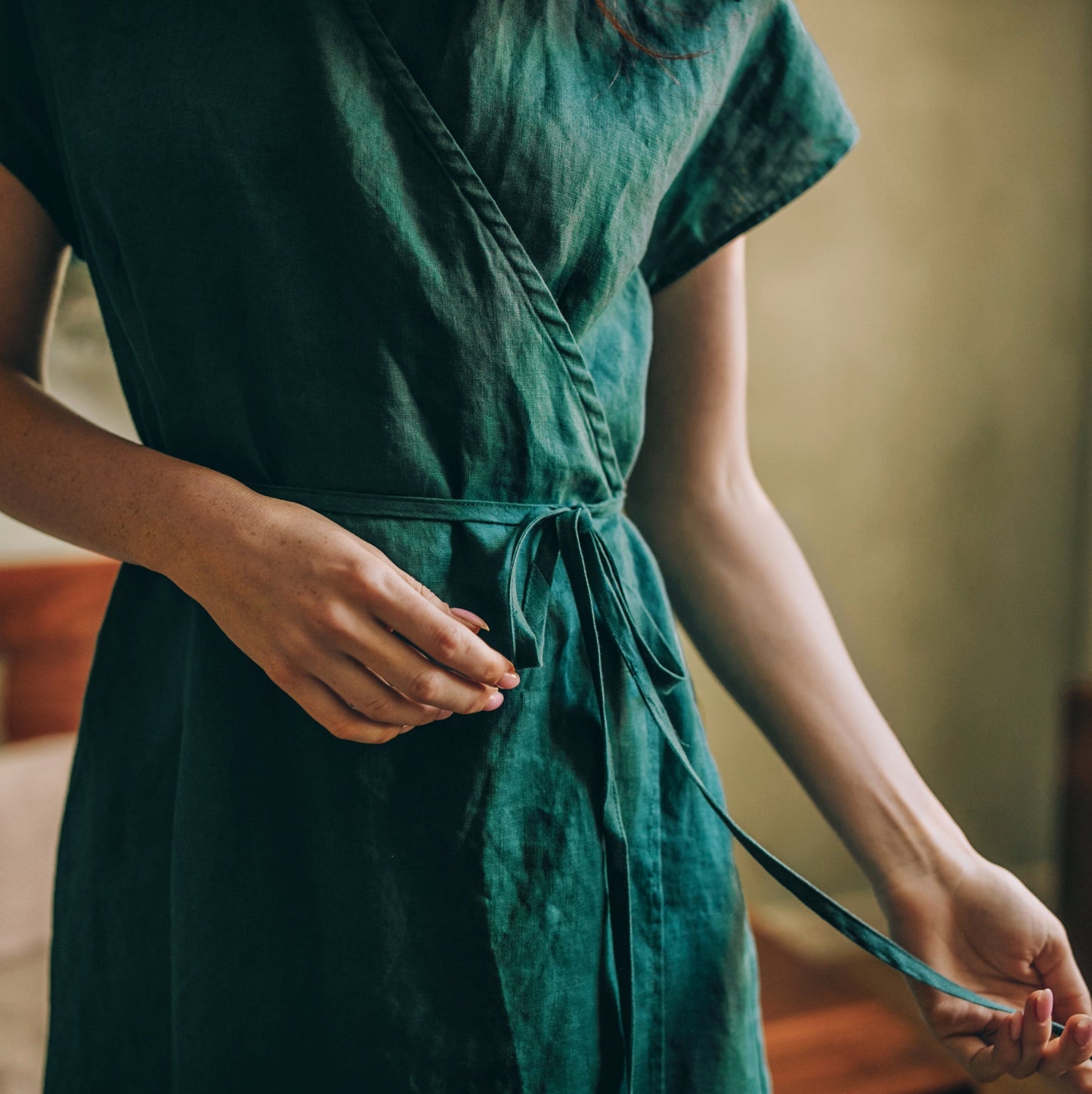 Cap Sleeve Linen Wrap Dress, VisibleArtShop