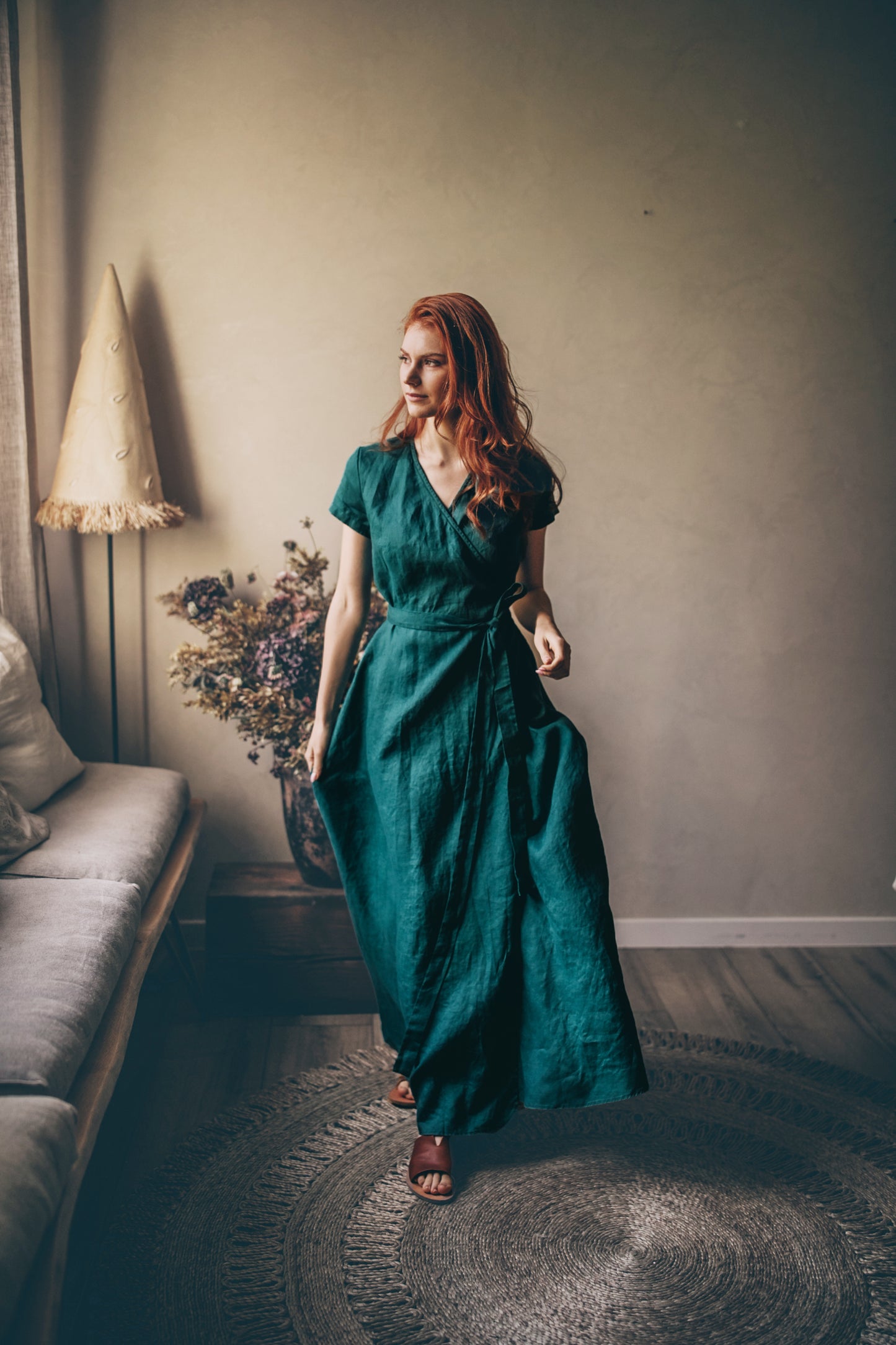 Short Sleeve Linen Maxi Dress with Tie Waist, VisibleArtShop