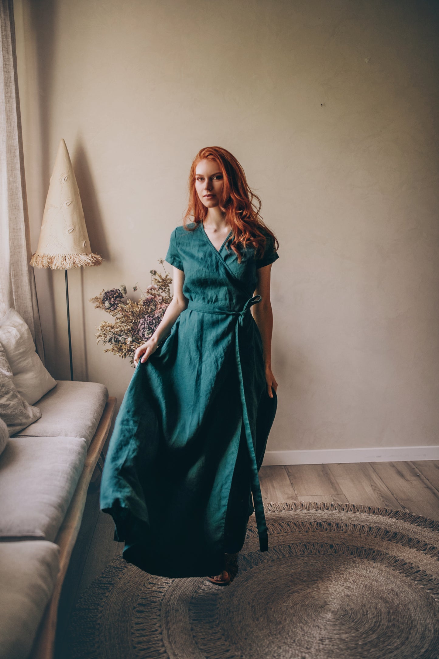 Short Sleeve Linen Maxi Dress with Tie Waist, VisibleArtShop