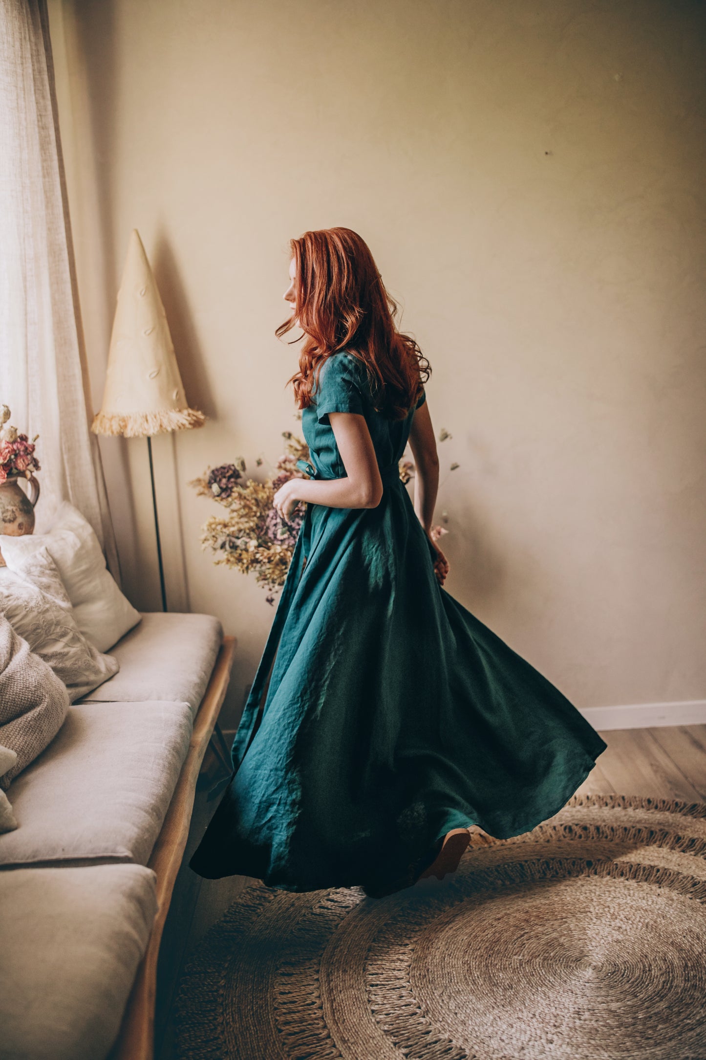 Short Sleeve Linen Maxi Dress with Tie Waist, VisibleArtShop