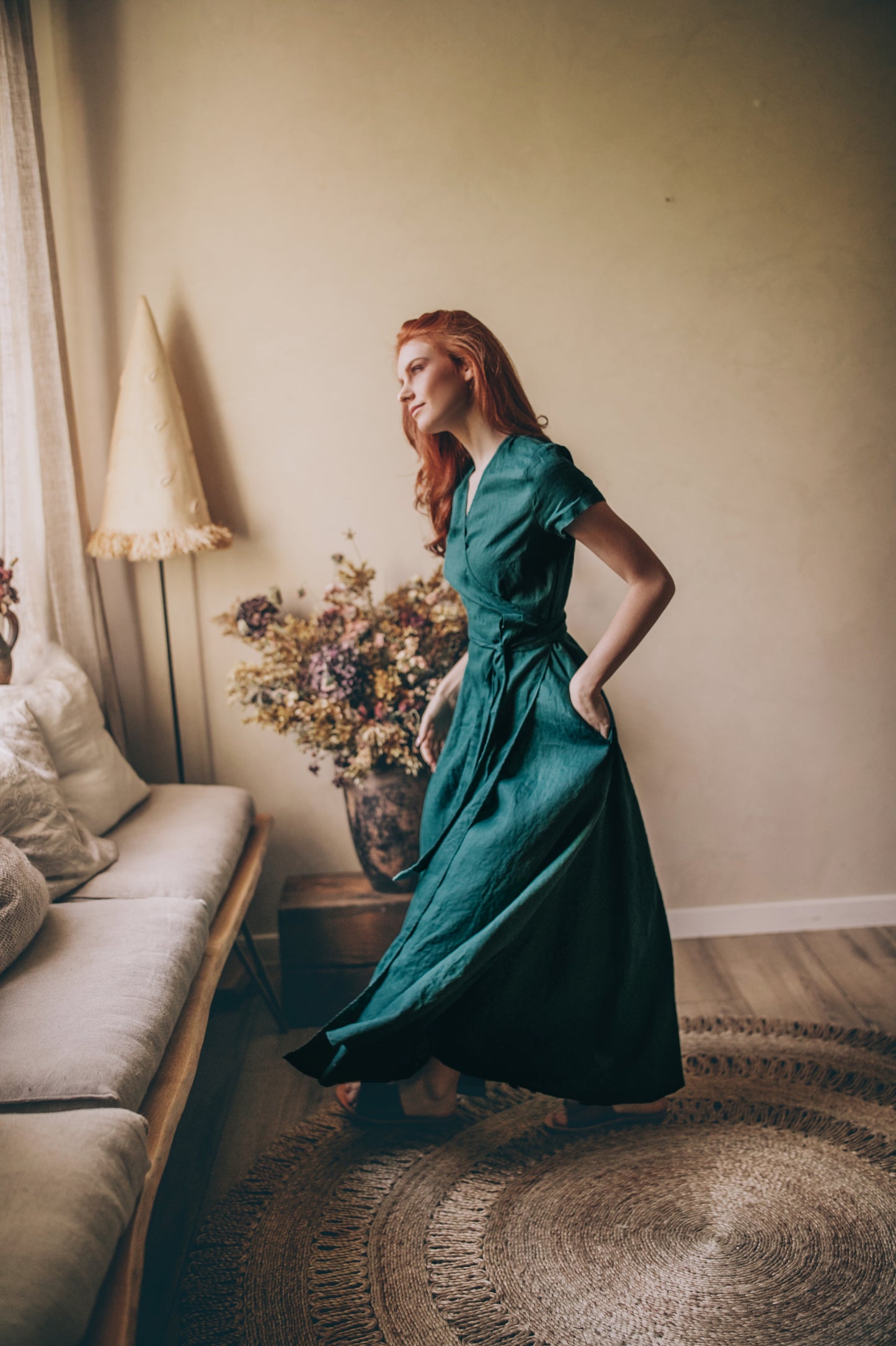 Short Sleeve Linen Maxi Dress with Tie Waist, VisibleArtShop