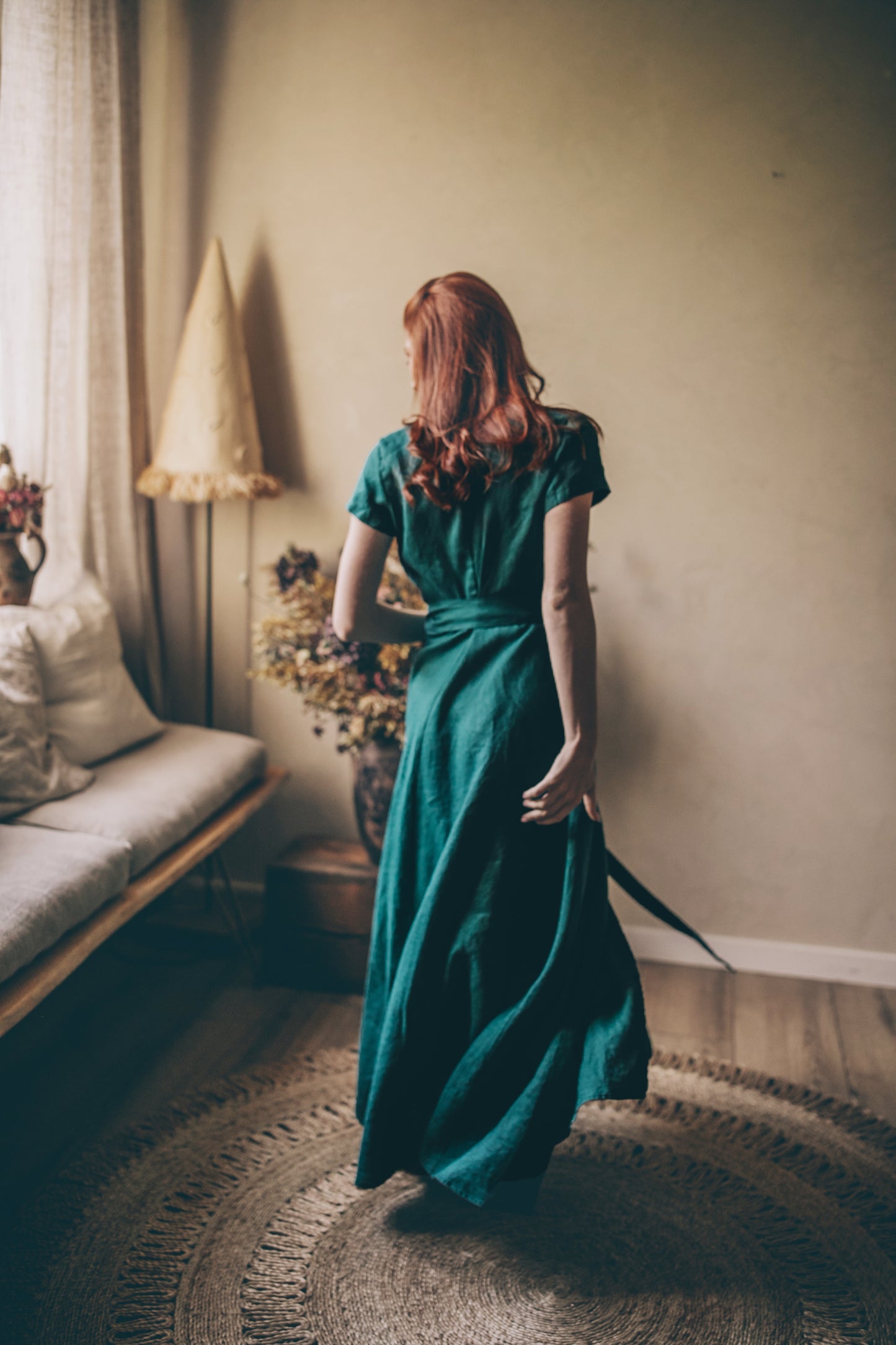 Short Sleeve Linen Maxi Dress with Tie Waist, VisibleArtShop