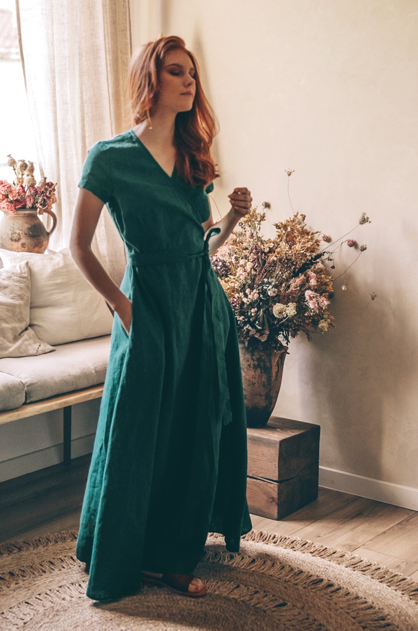 Short Sleeve Linen Maxi Dress with Tie Waist, VisibleArtShop