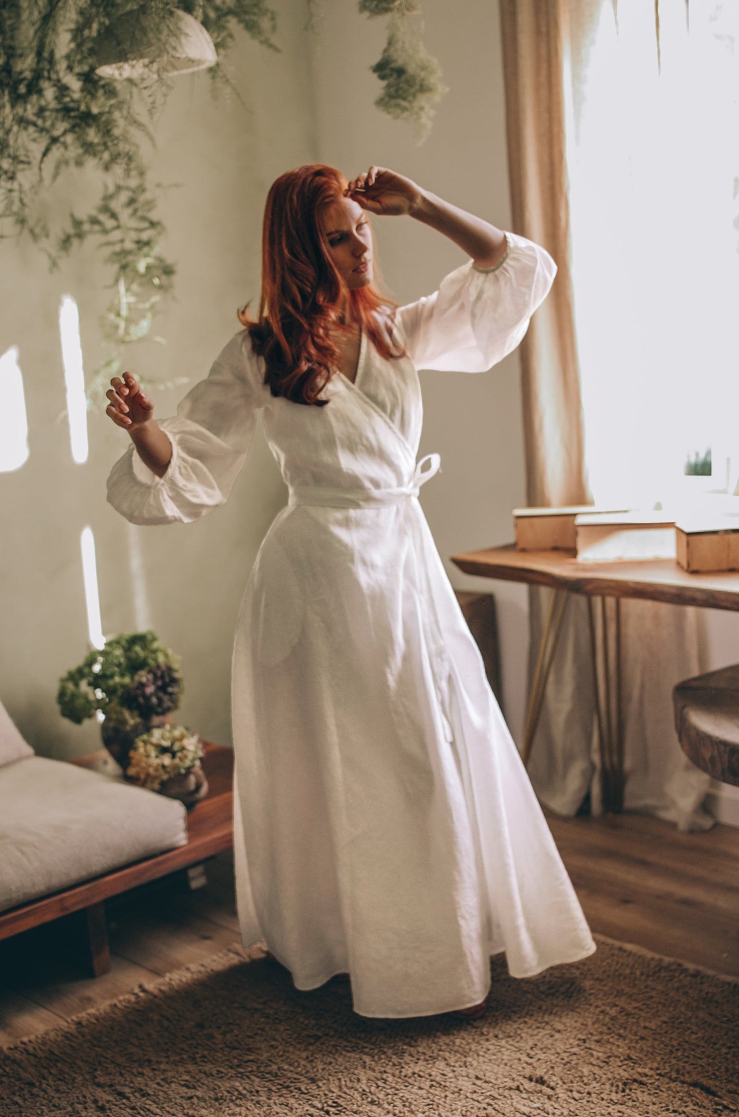 Linen Maxi Dress with Puff Sleeves, VisibleArtShop