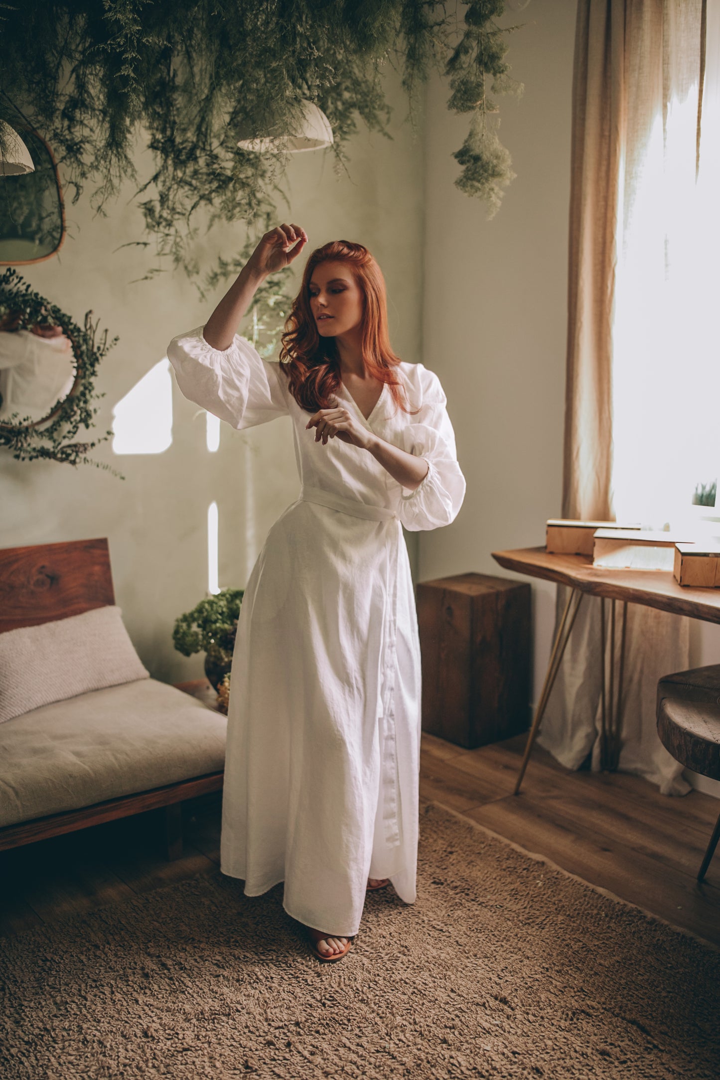 Linen Maxi Dress with Puff Sleeves, VisibleArtShop