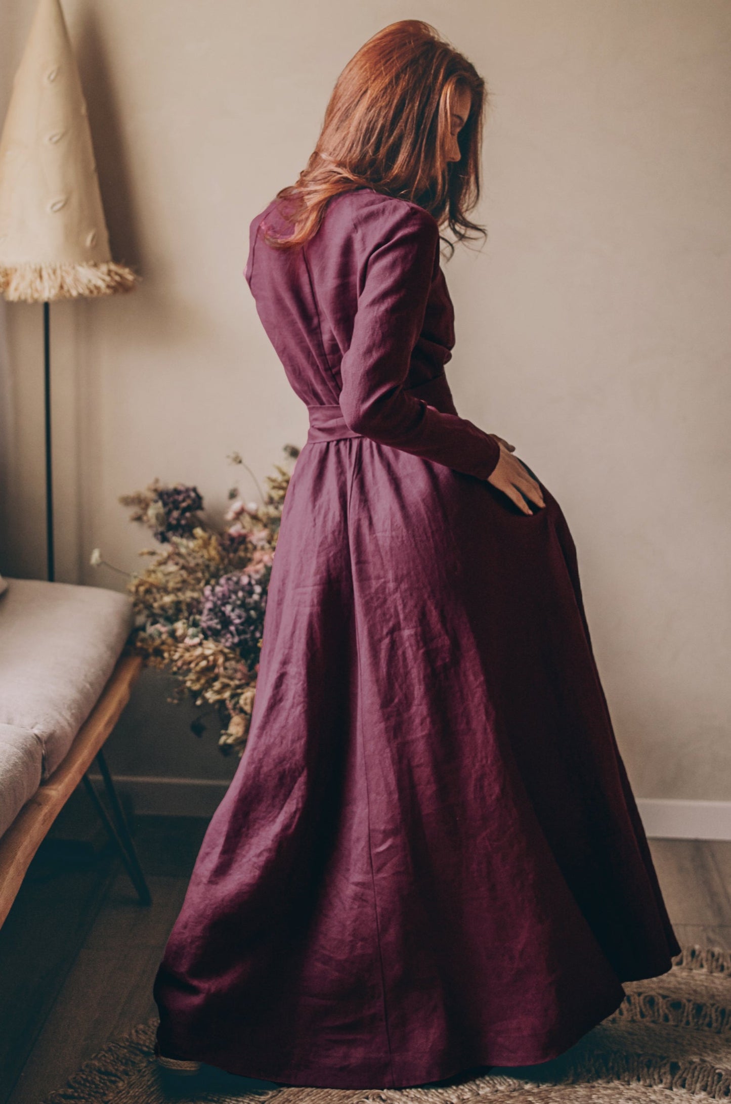 Heavy Linen Wrap Dress with Waist Belt, VisibleArtShop