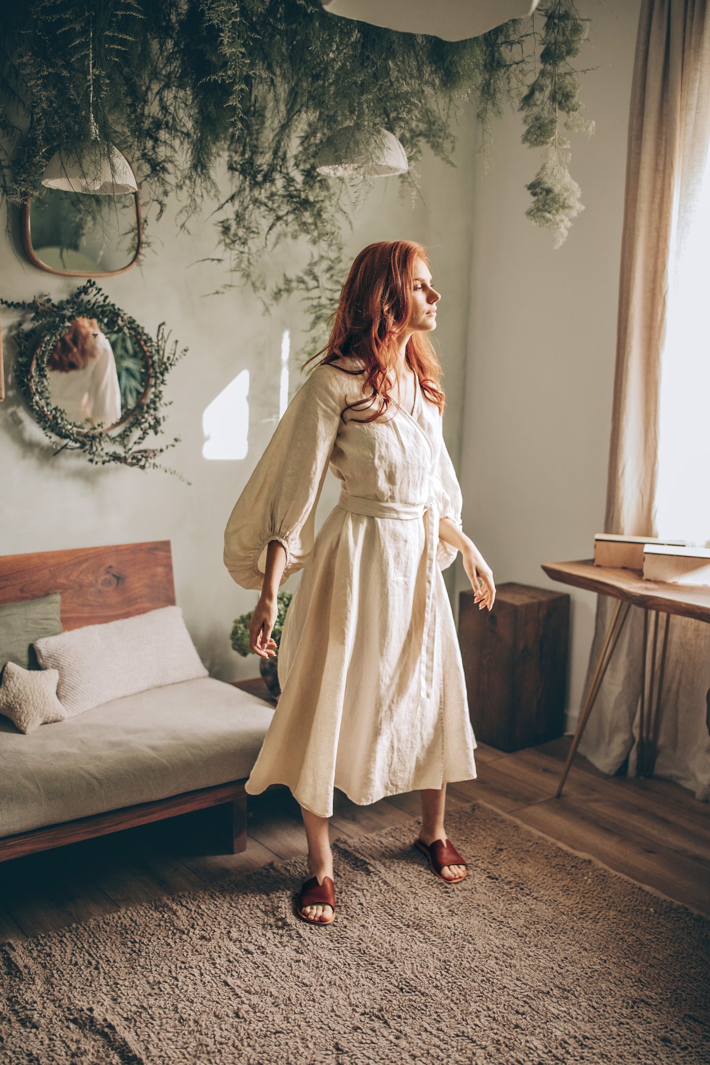 Linen Wrap Dress with Puff Sleeves, VisibleArtShop