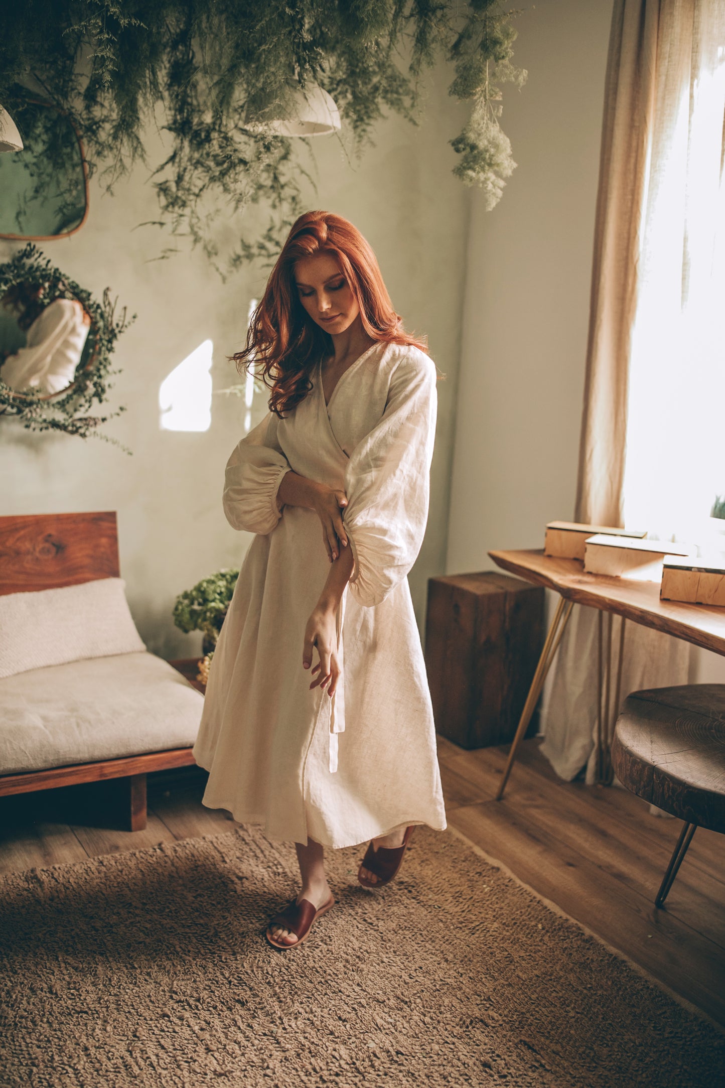 Linen Wrap Dress with Puff Sleeves, VisibleArtShop