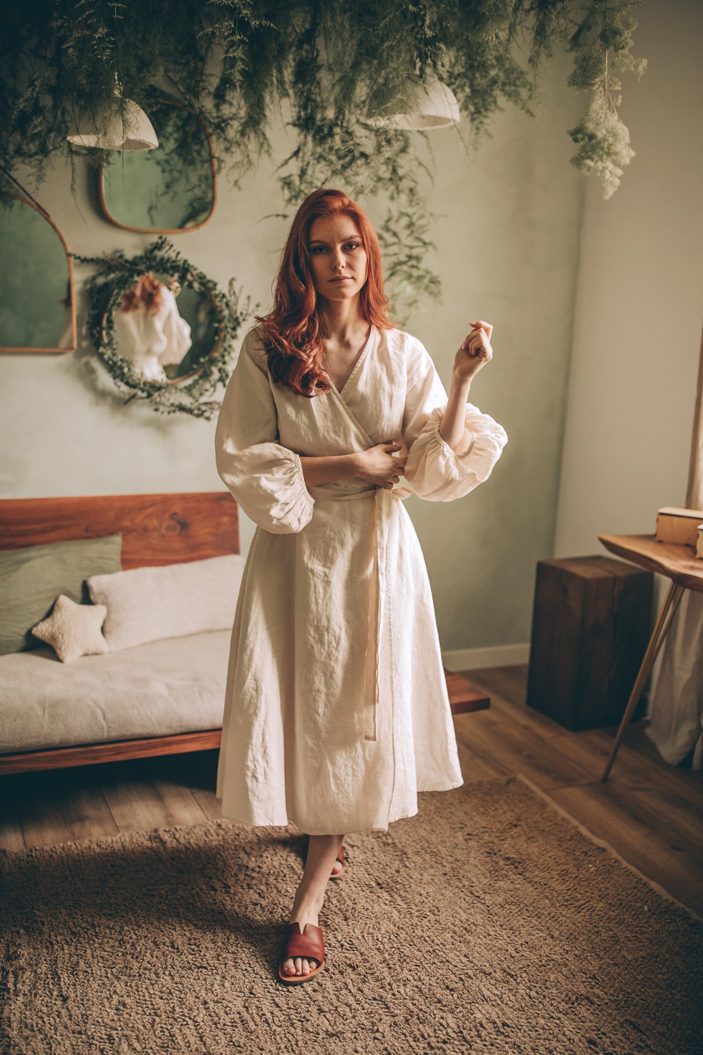 Linen Wrap Dress with Puff Sleeves, VisibleArtShop