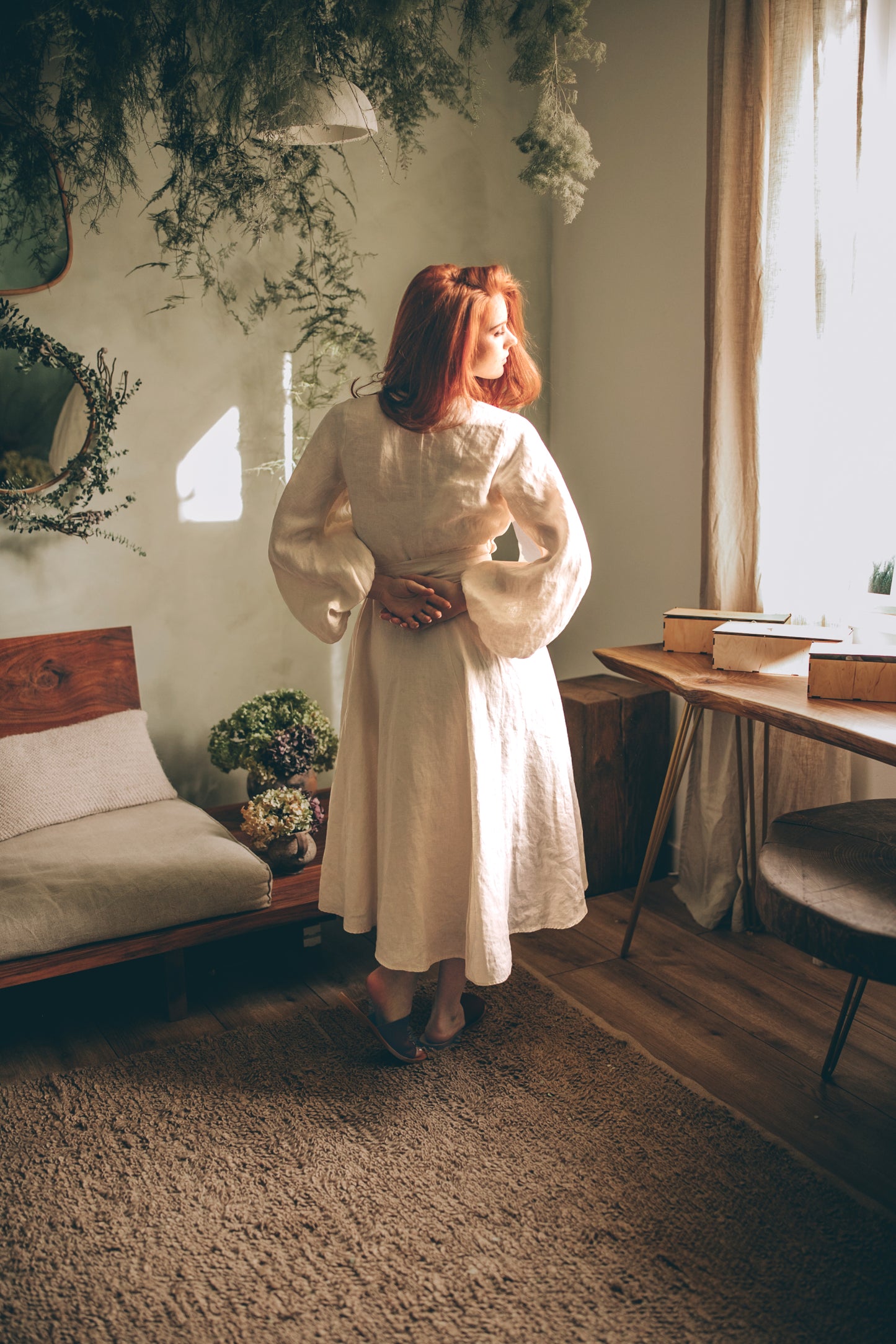 Linen Wrap Dress with Puff Sleeves, VisibleArtShop