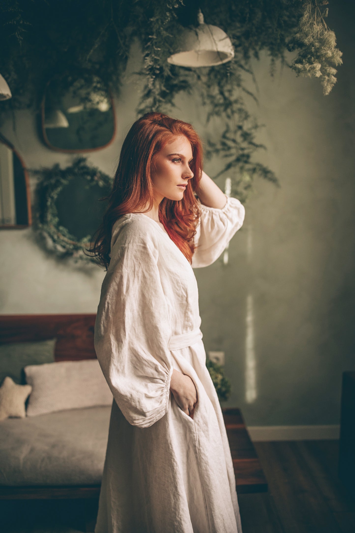 Linen Wrap Dress with Puff Sleeves, VisibleArtShop