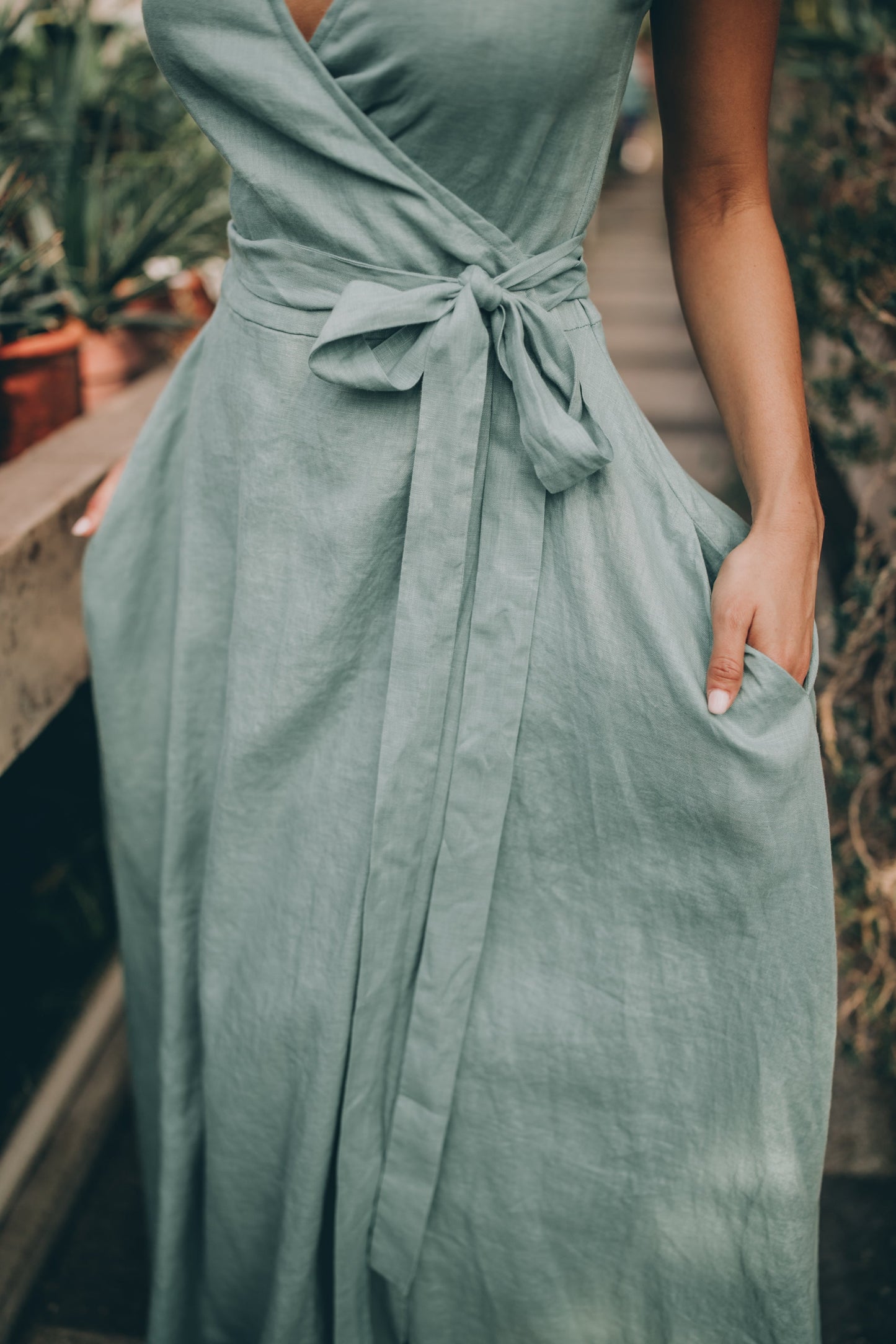 Sleeveless linen maxi dress with tie waist, Visibleartshop