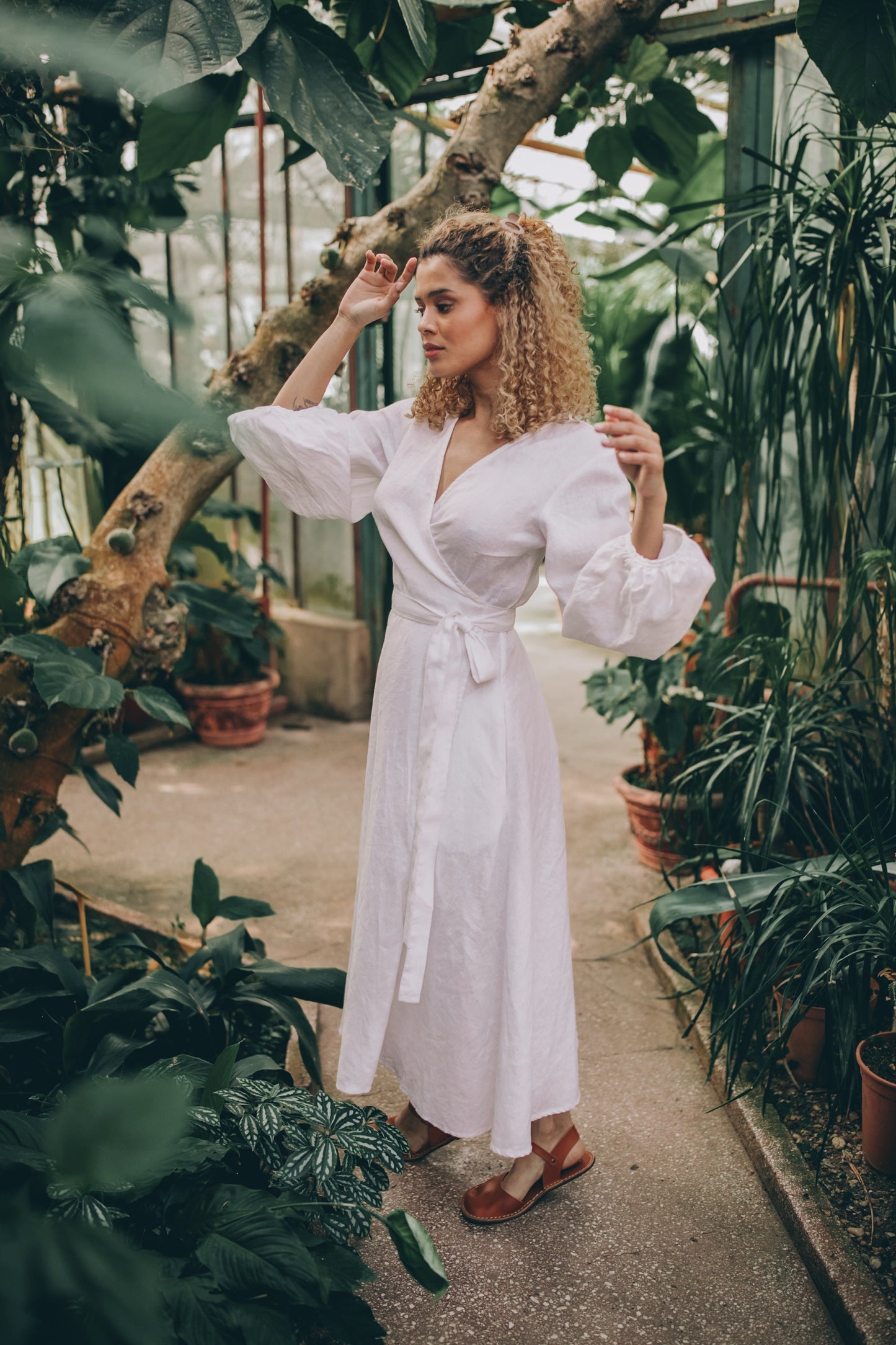 Linen wrap dress with puff sleeves, Visibleartshop