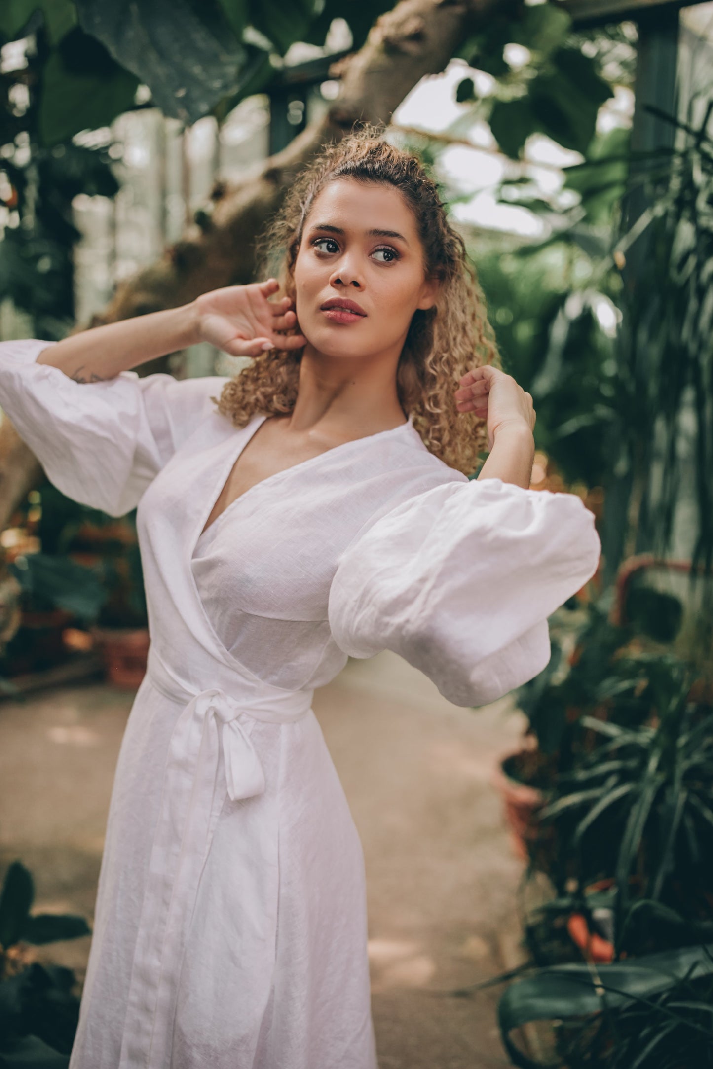 Linen wrap dress with puff sleeves, Visibleartshop