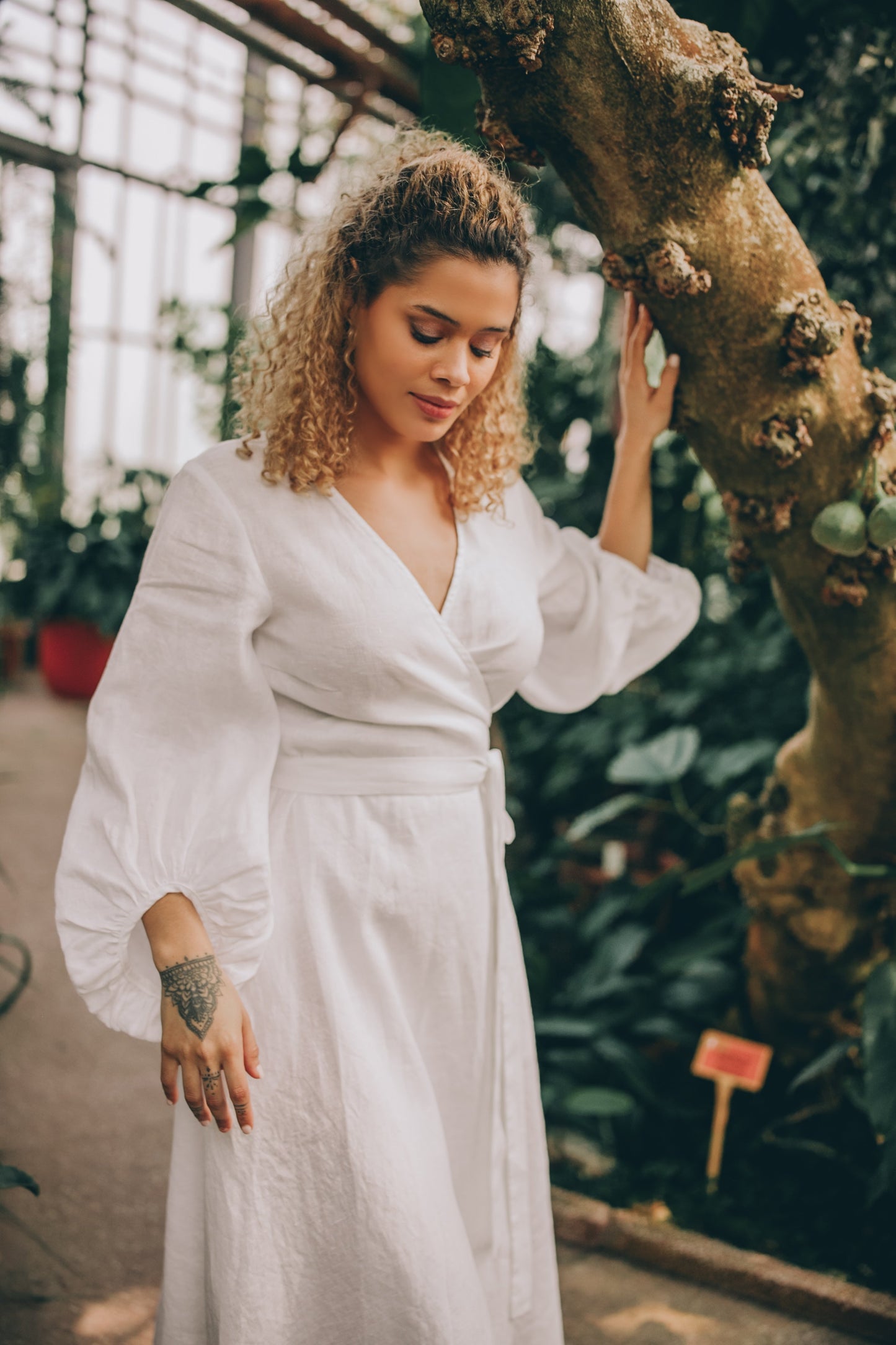 Linen wrap dress with puff sleeves, Visibleartshop