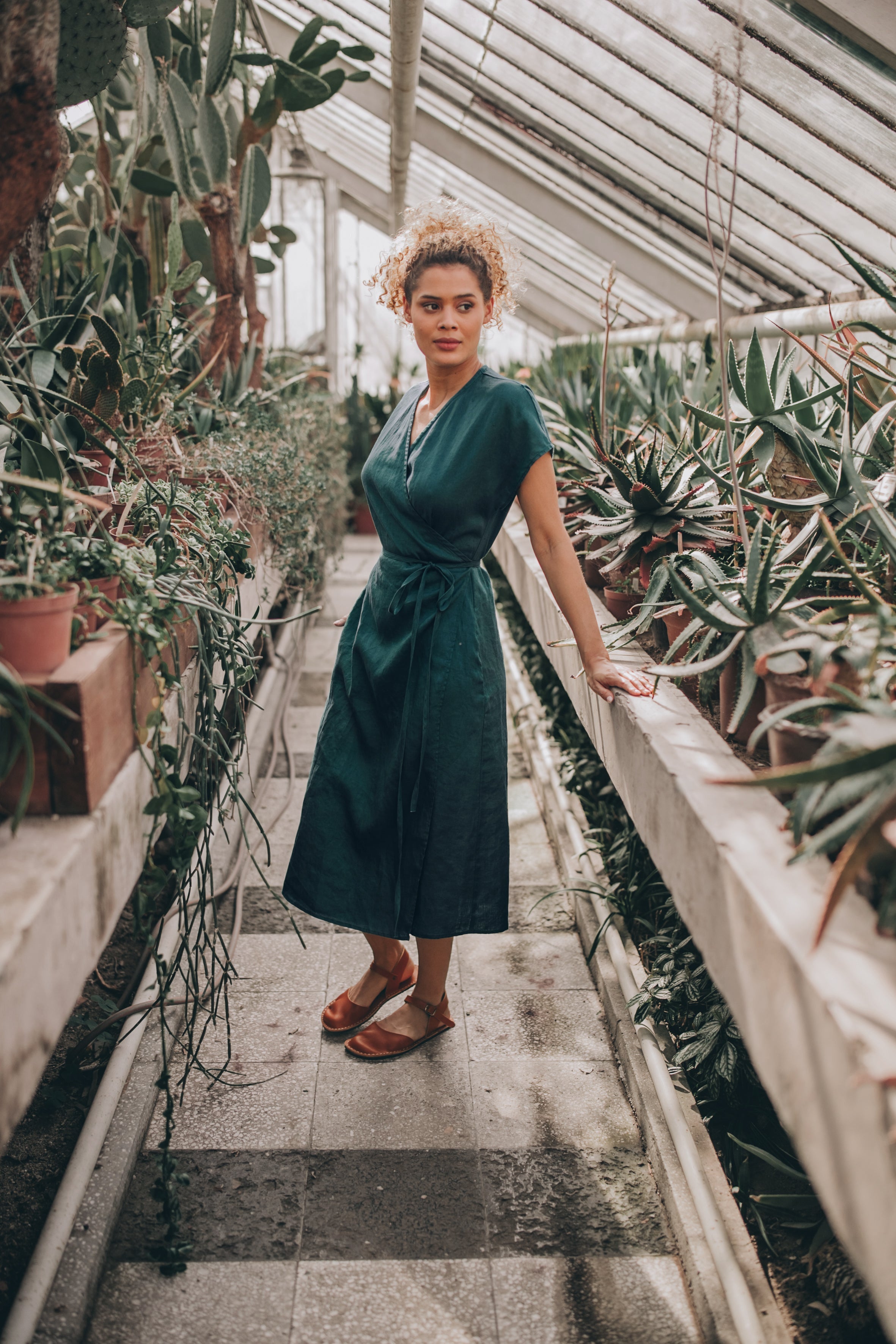 Elegant Cocktail Womens Dresses Oasis Green Wrap Dress Emerald Green Linen Wrap Dress With Puffy Sleeves, Elegant Cocktail Womens Dresses Oasis Green Wrap Dress Emerald Green Linen Wrap Dress With Puffy Sleeves,