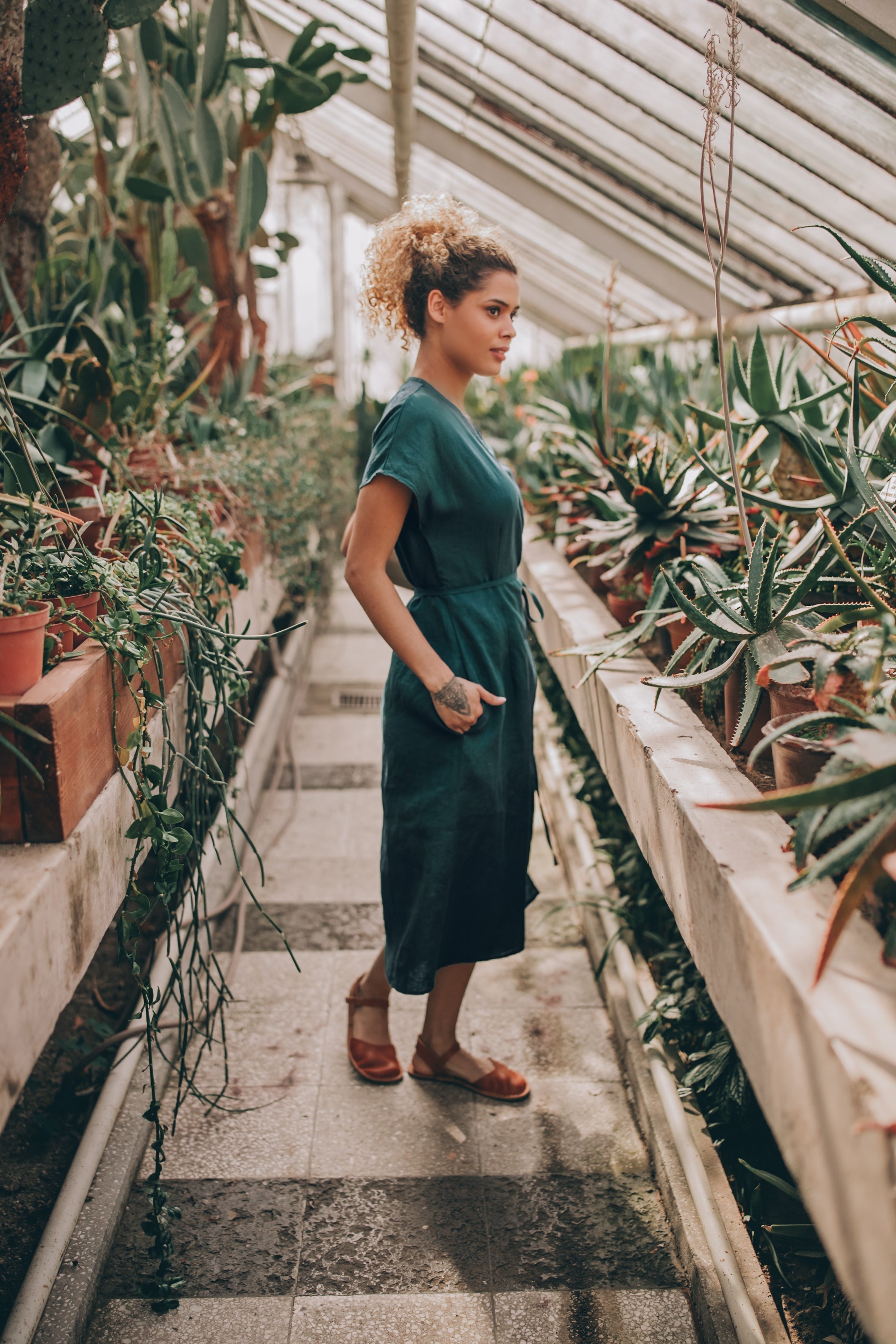 Cap Sleeve Linen Wrap Dress, Linen Midi Dress with Cap Sleeves, Dark Green Linen Dress, Summer Linen Dress for Women, Linen Wrap Dress Midi, S / Blue