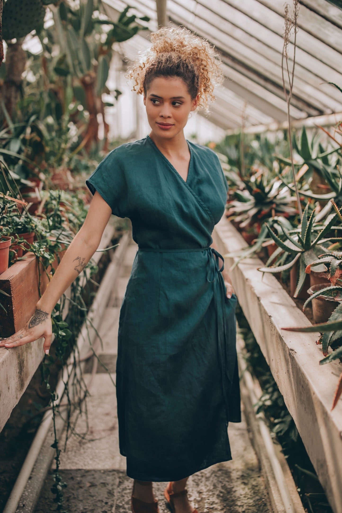 Cap sleeve linen wrap dress, Visibleartshop