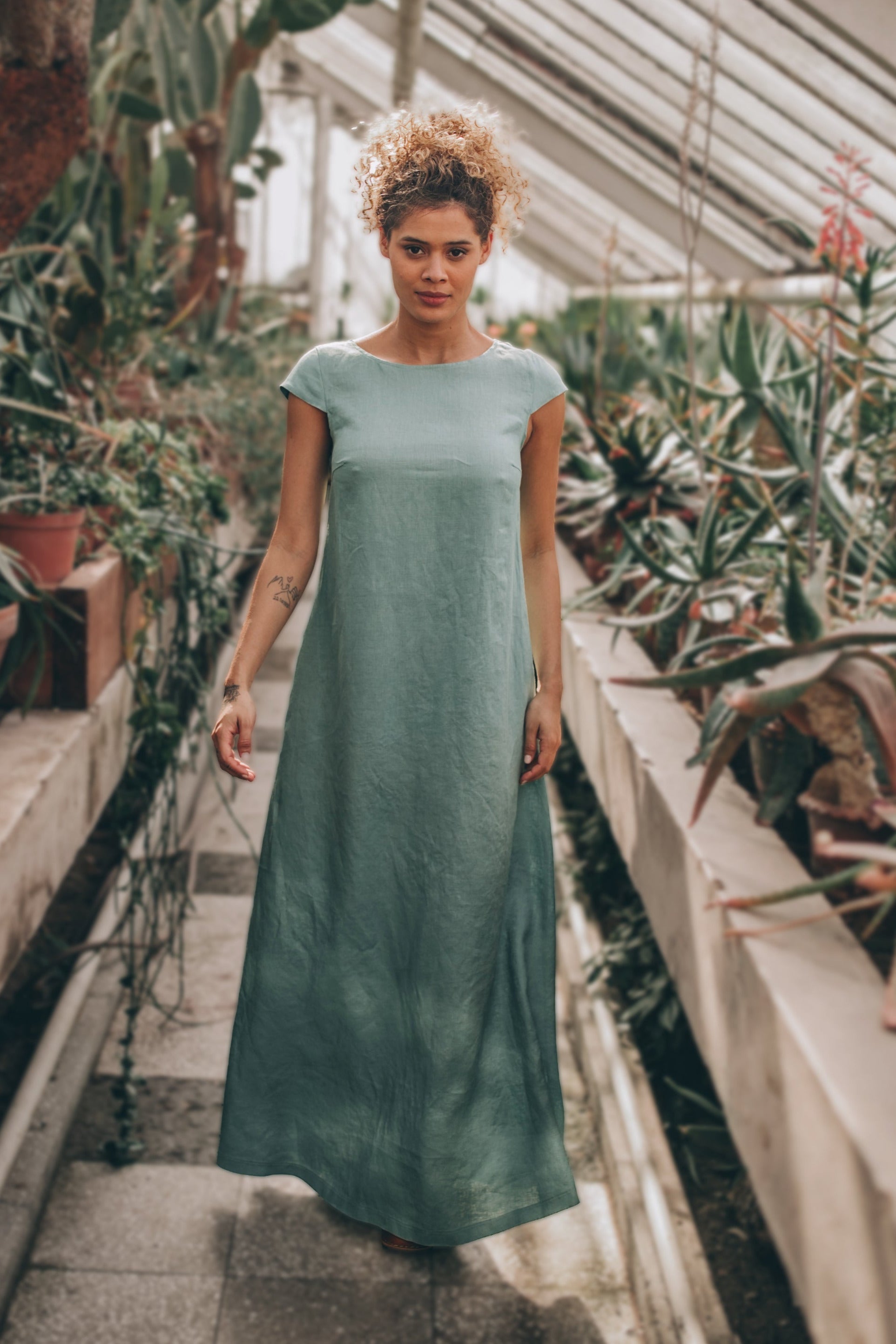 Linen Maxi Dress with Cap Sleeves