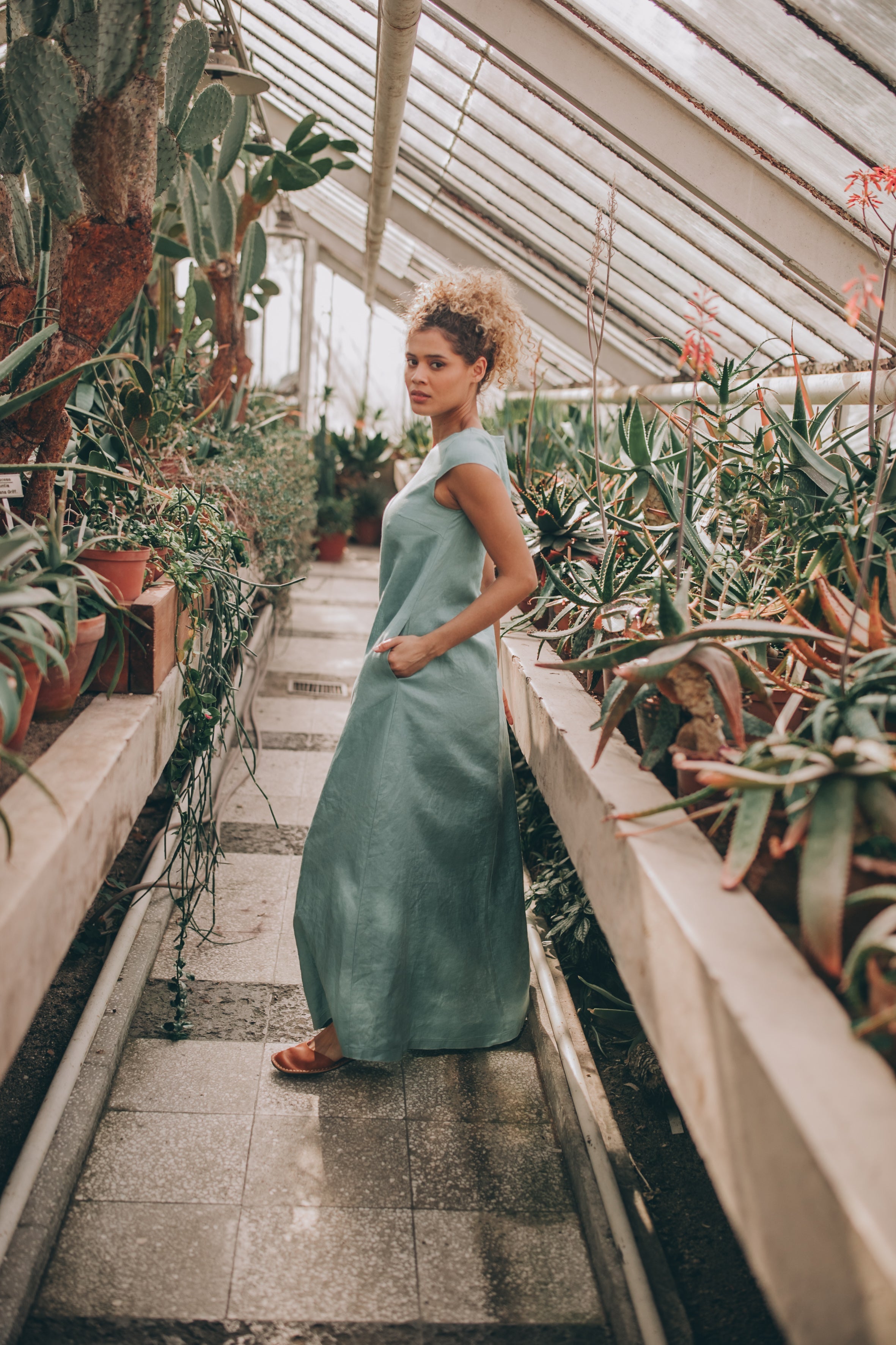 Linen Maxi Dress with Cap Sleeves, S / Gray