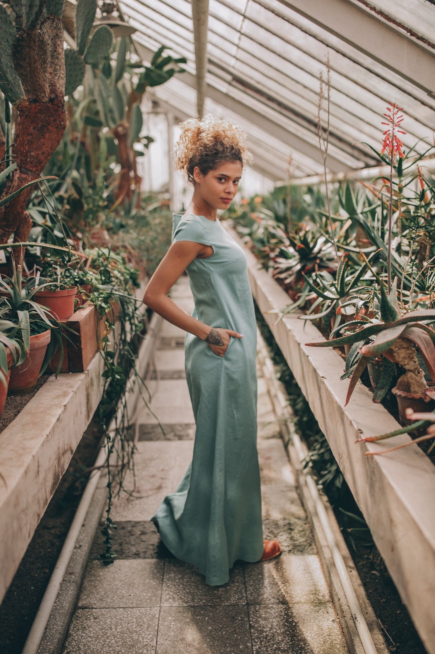 Linen Maxi Dress with Cap Sleeves, Visibleartshop