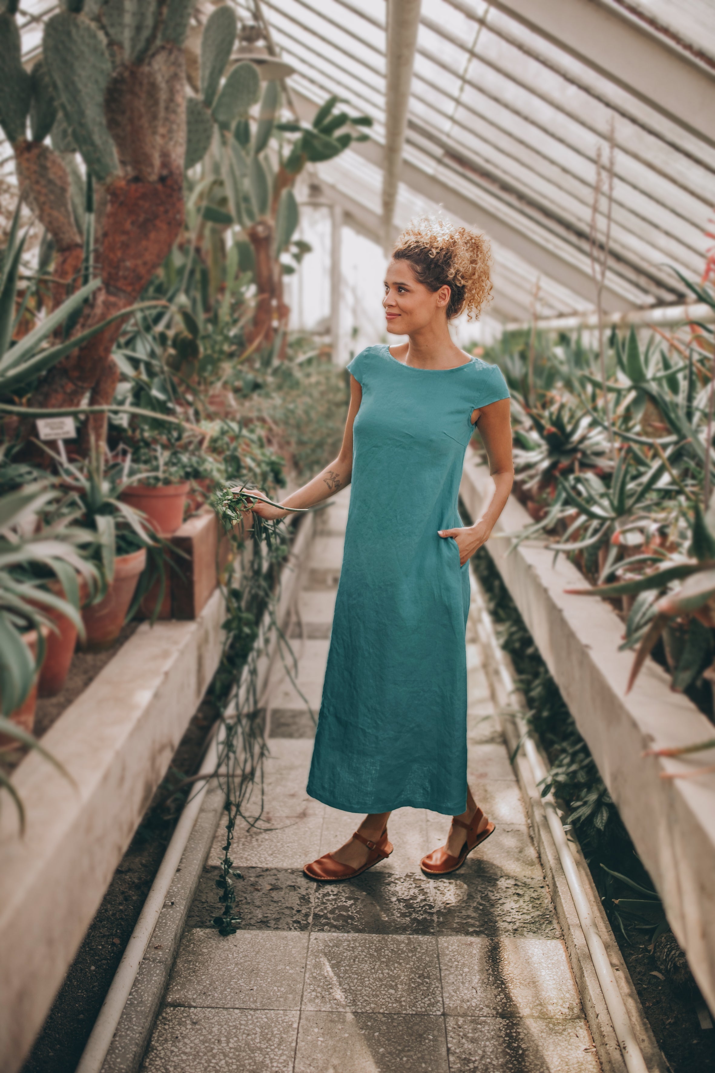 Linen Midi Dress with Cap Sleeves