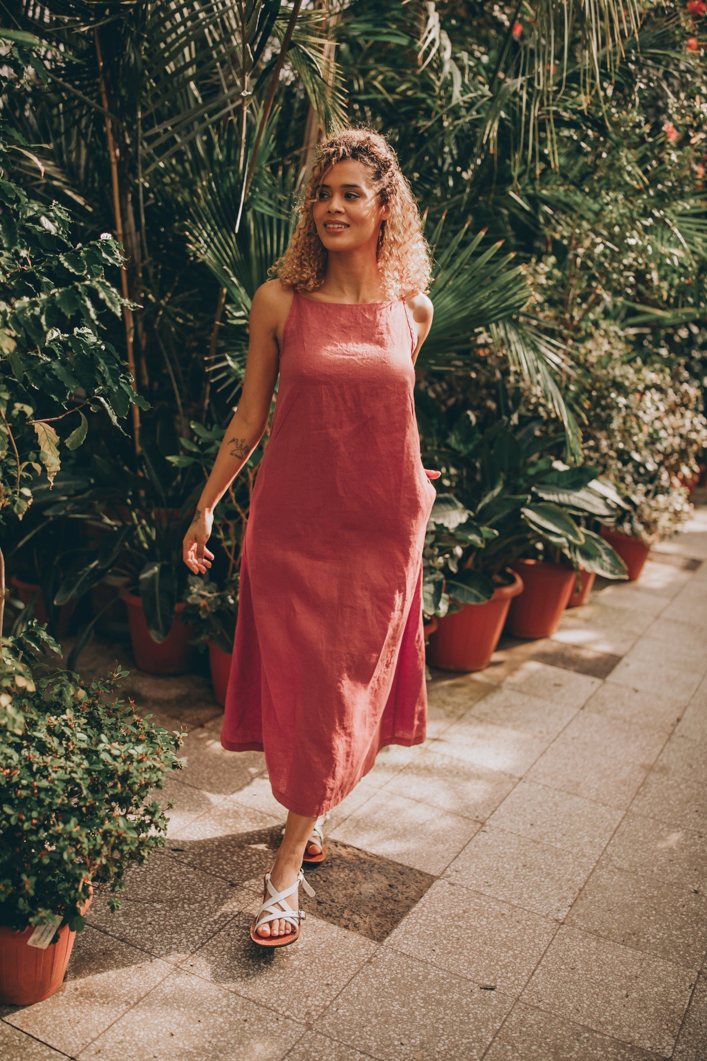 Sleeveless linen midi dress with boat neckline and tie-knot back, Visibleartshop