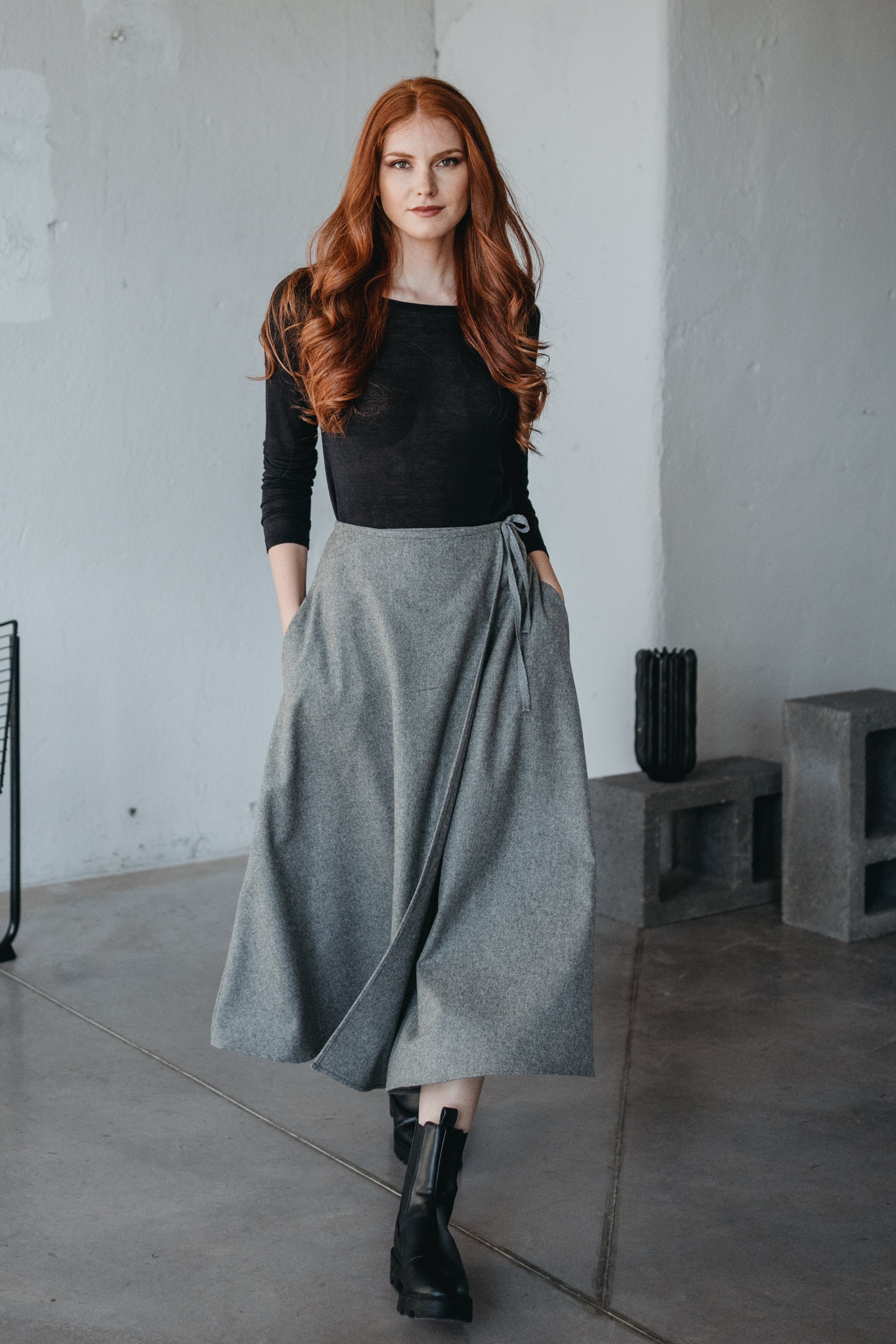 Wool Wrap Maxi Skirt Elegant Wrap Design With Pockets Adjustable wool-wrap-maxi-skirt-elegant-wrap-design-with-pockets-adjustable