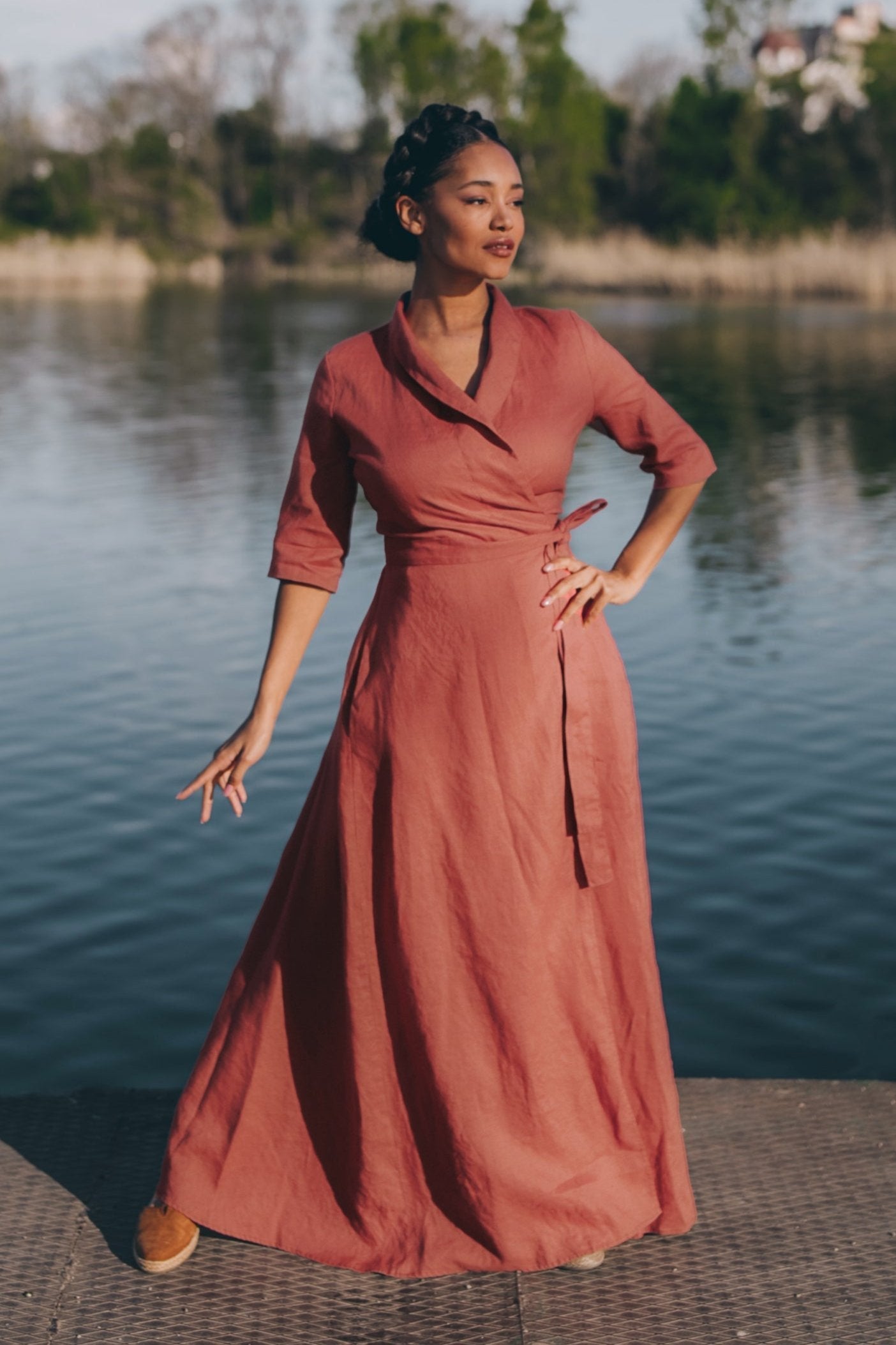 Linen Maxi Dress with Tie Waist - Linen Wrap Dress in Moroccan Red - Maxi Linen Dress for Women - Elegant Plus Size Summer Dress with Shawl Collar, L Linen Maxi Dress with Tie Waist - Linen Wrap Dress in Moroccan Red - Maxi Linen Dress for Women - Elegant Plus Size Summer Dress with Shawl Collar, L
