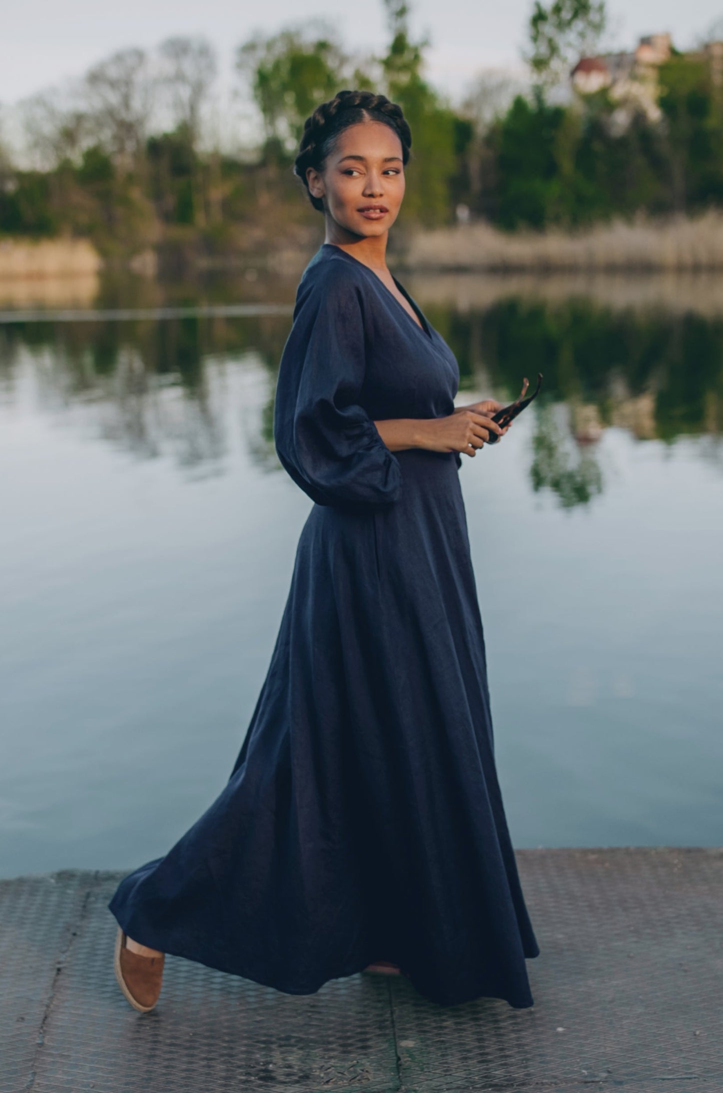 Linen Maxi Dress with Puff Sleeves, VisibleArtShop