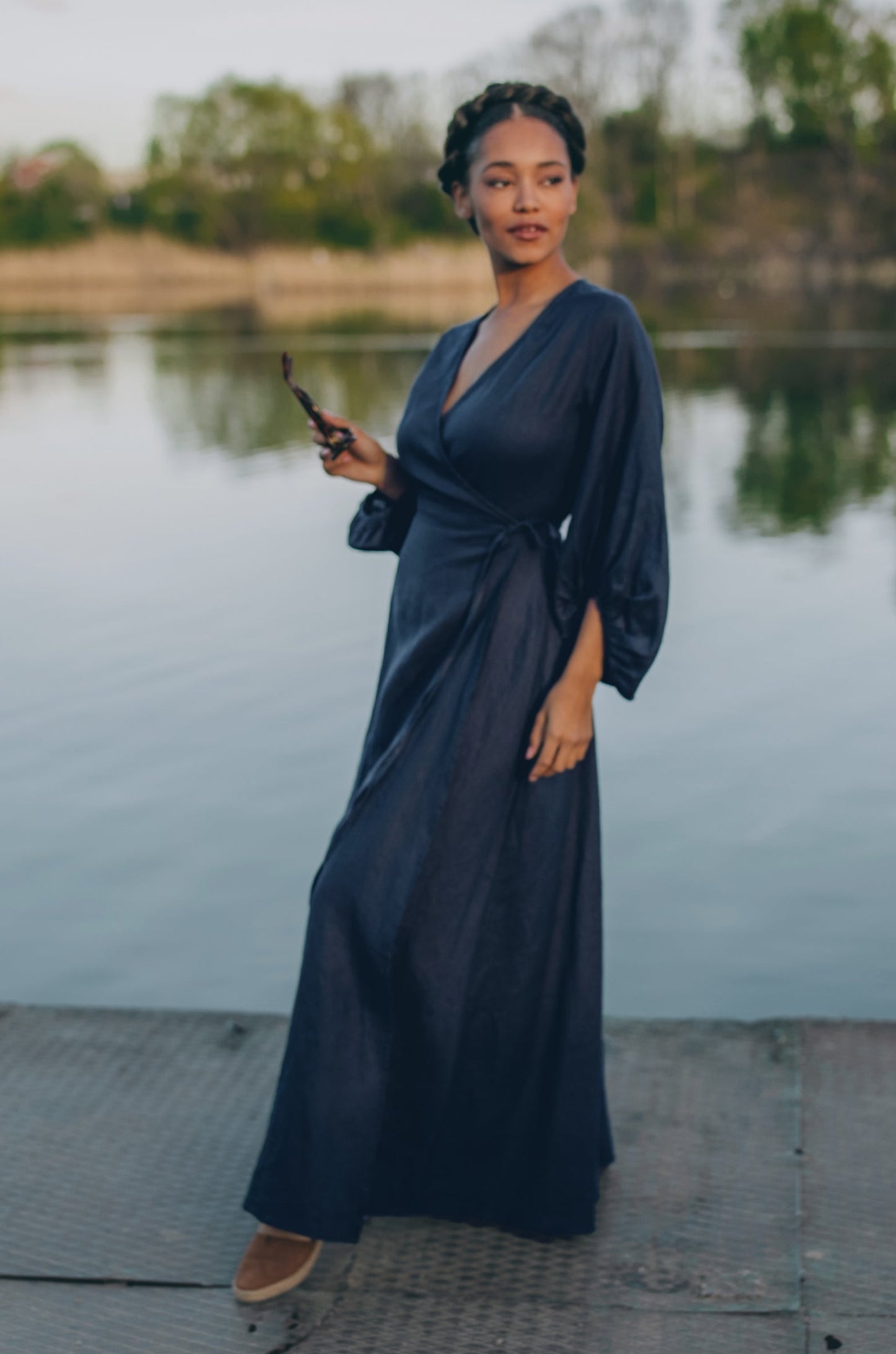 Linen Maxi Dress with Puff Sleeves, VisibleArtShop