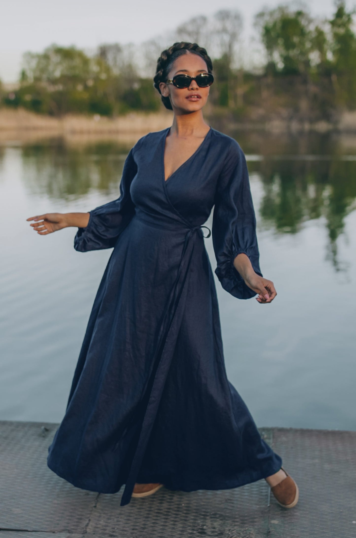 Linen Maxi Dress with Puff Sleeves, VisibleArtShop